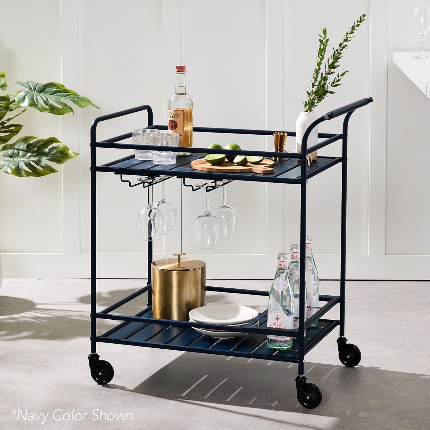 Rolling Bar Cart, Mobile Home Bar Serving Cart, Serving Station W/ 2 Tier Shelves, Wine Rack, Lockable Wheels - Teal