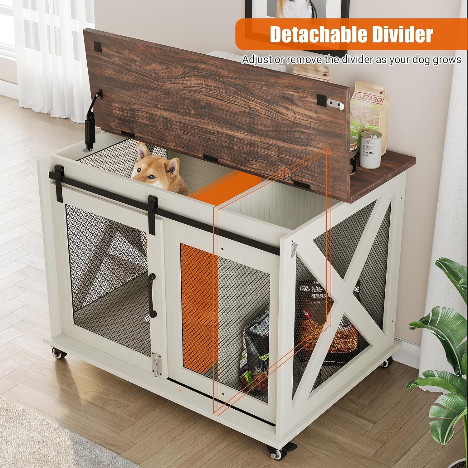 37" Dog Crate Furniture, Side End Table, Farmhouse Dog Crate with Sliding Barn Door, Flip Top Wooden Dog Kennel with Wheels and Movable Divider, Indoor Dog Cage House for Medium Dogs