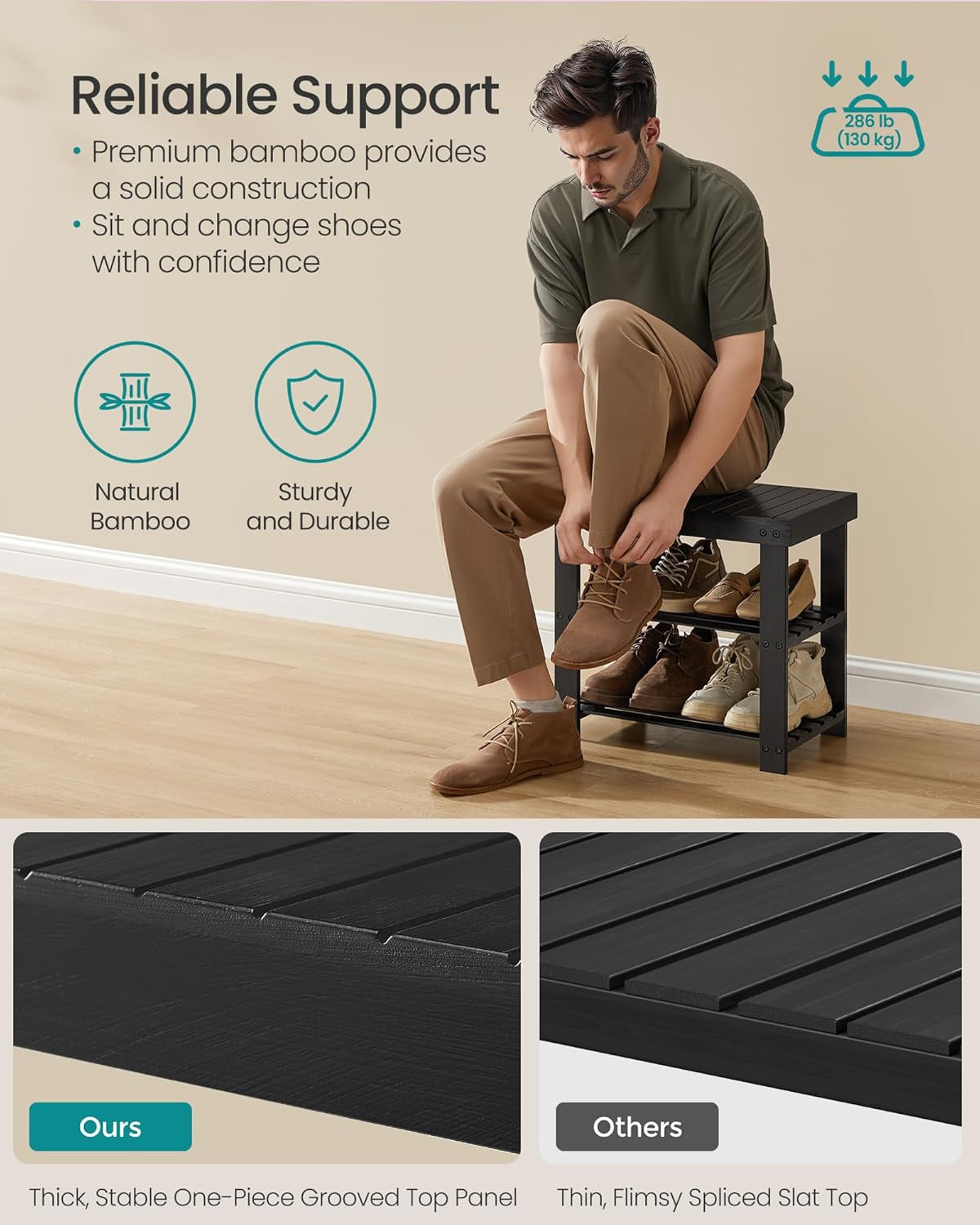 Shoe Rack Bench, 3-Tier Bamboo Shoe Storage Organizer, Entryway Bench, Holds up to 286 Lb, 11.3 X 19.7 X 17.8 Inches, for Entryway Bathroom Bedroom, Ink Black ULBS001B01