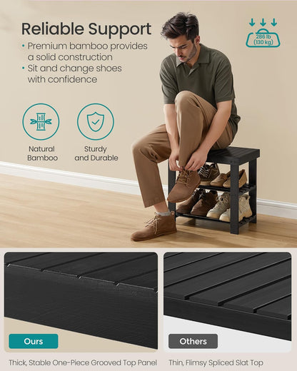Shoe Rack Bench, 3-Tier Bamboo Shoe Storage Organizer, Entryway Bench, Holds up to 286 Lb, 11.3 X 19.7 X 17.8 Inches, for Entryway Bathroom Bedroom, Ink Black ULBS001B01