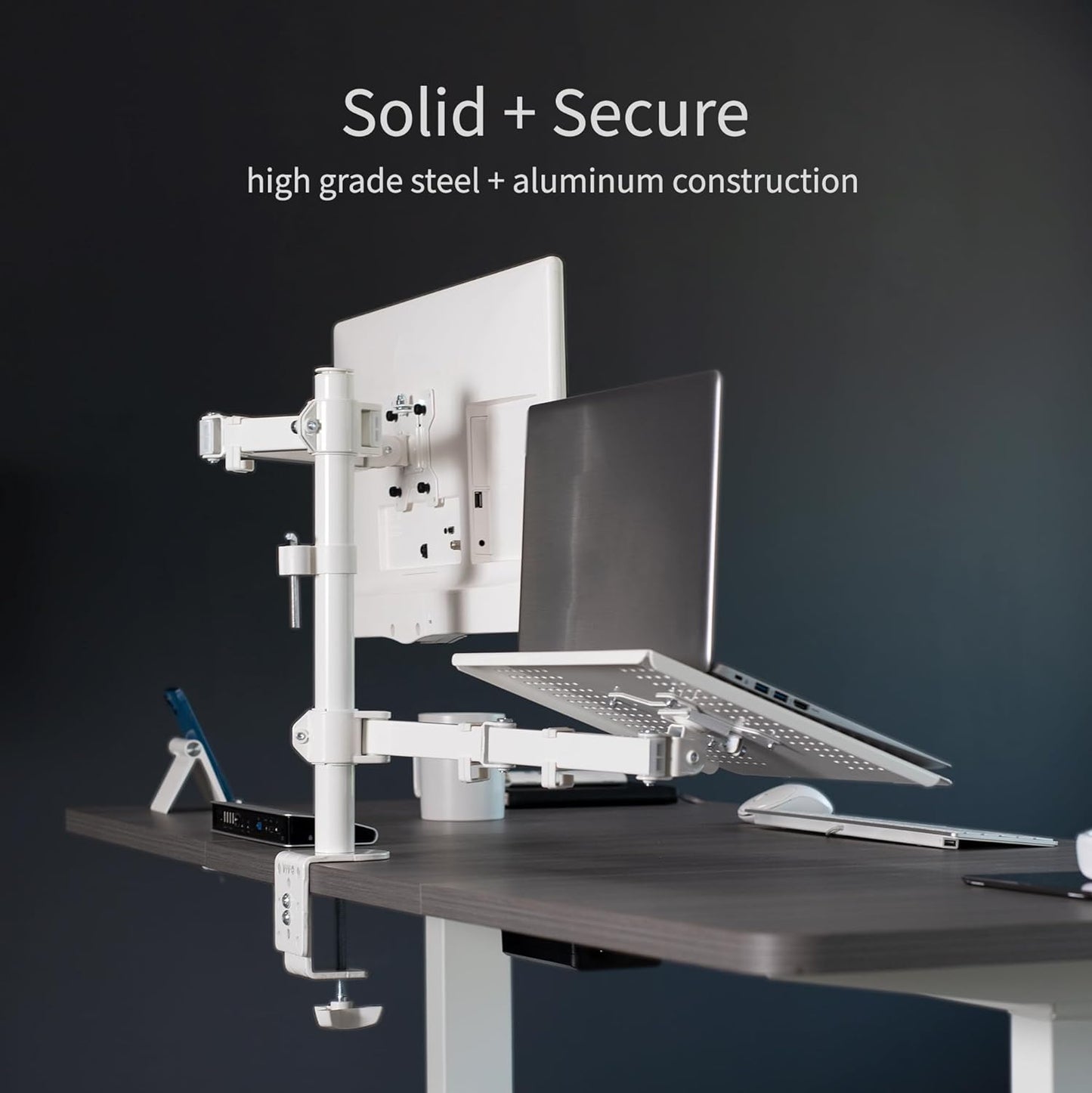 Fully Adjustable 13 to 32 Inch Single Computer Monitor and Laptop Desk Mount Combo, Stand with Grommet Option, Fits up to 17 Inch Laptops, White STAND-V002CW