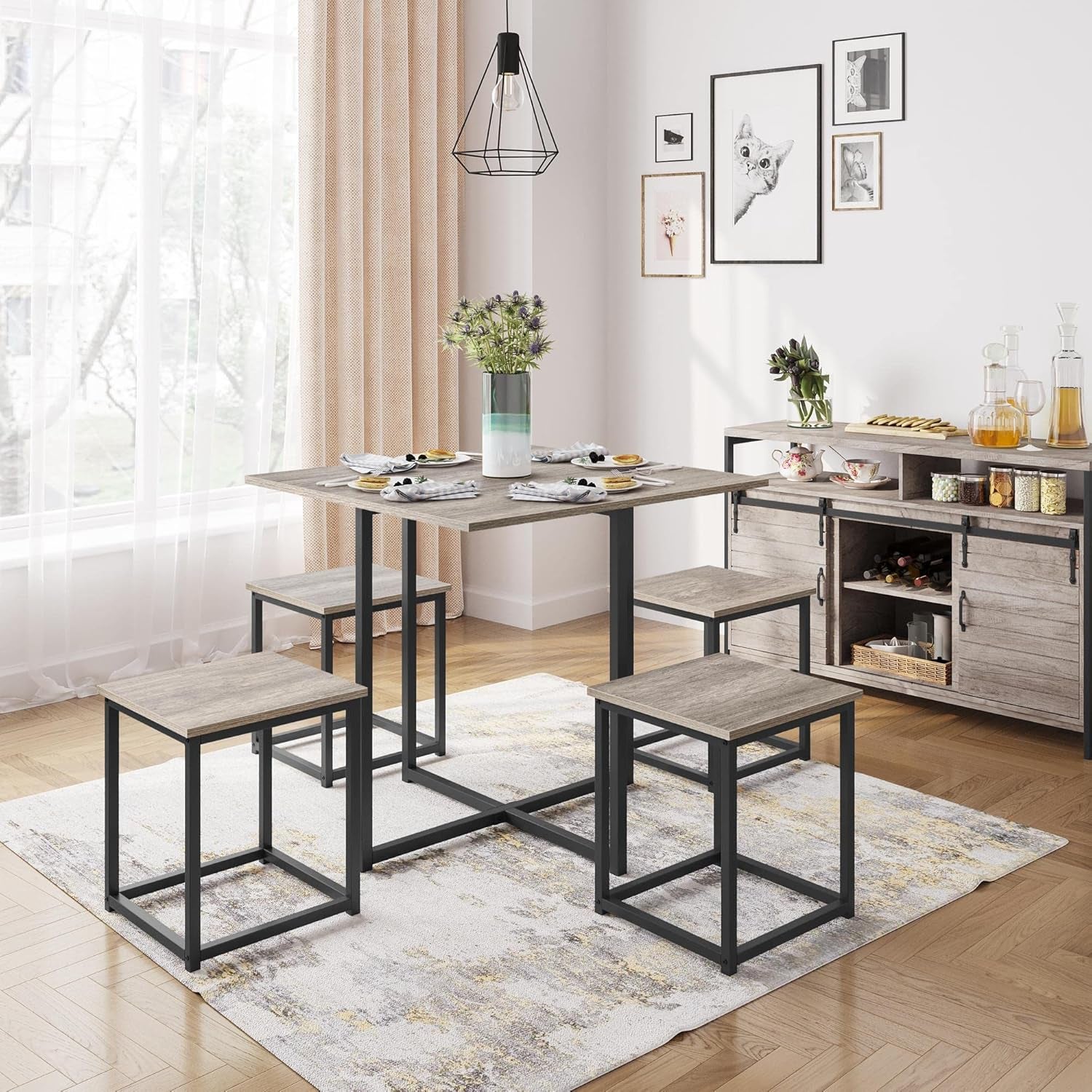 Dining Table Set for 4 Industrial Kitchen Table with 4 Chairs, Space-Saving Design for Apartment, Small Space, Breakfast Nook, Gray