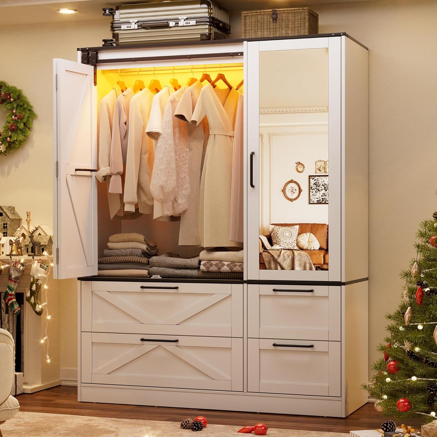 Armoire Wardrobe Closet with W/Folding Sliding Barn Door, Bedroom Armoires with Mirror and Sensor Lights, Hanging Rod, Wardrobe Closet for Bedroom (19.69" D X 47.24" W X 72.83" H)