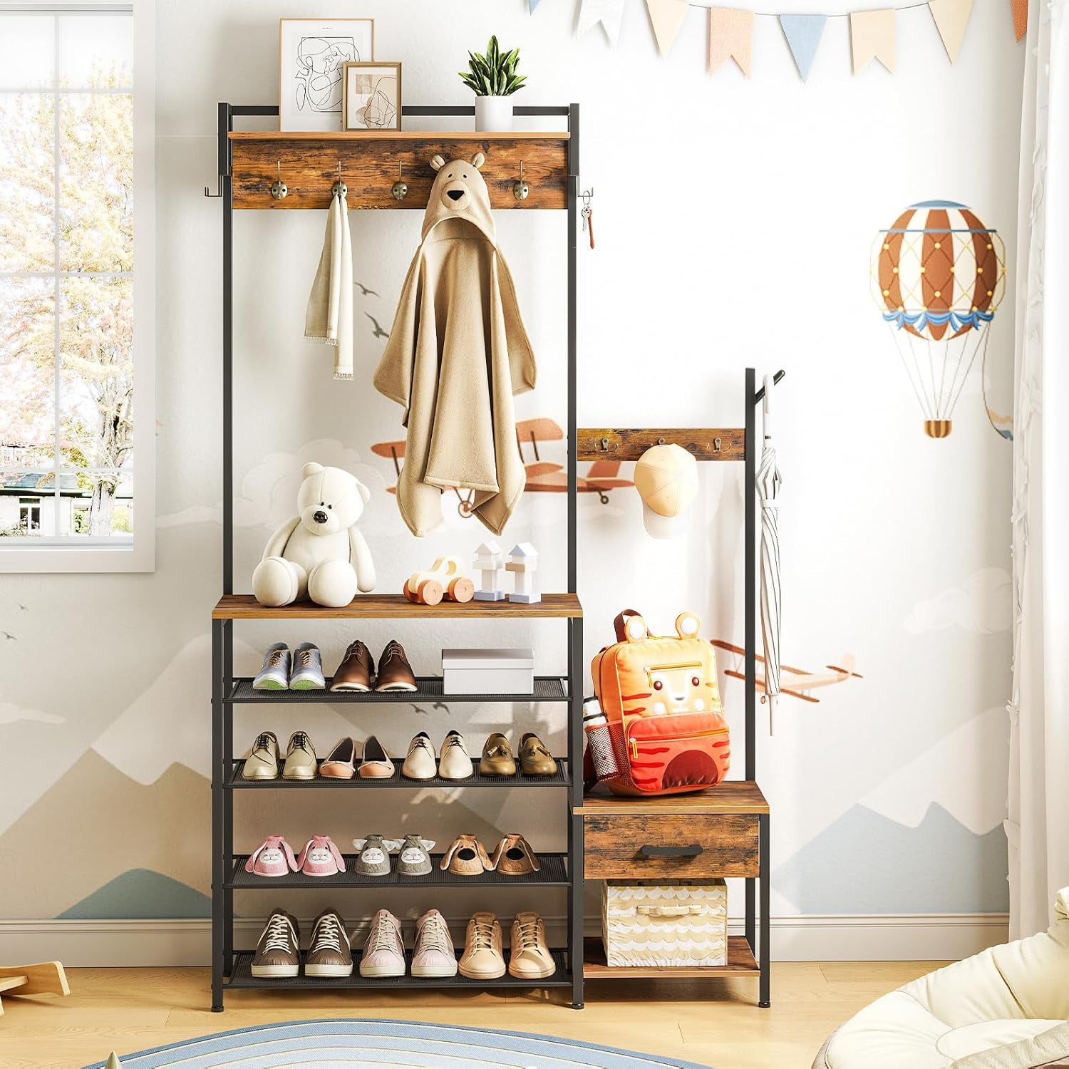 Hall Tree, Entryway Coat Rack Shoe Bench, Shoe and Coat Rack for Entryway, Hall Tree Coat Rack, with Non-Woven Fabric Drawer, for Entrance, Foyer, Rustic Brown and Black BF113MT01