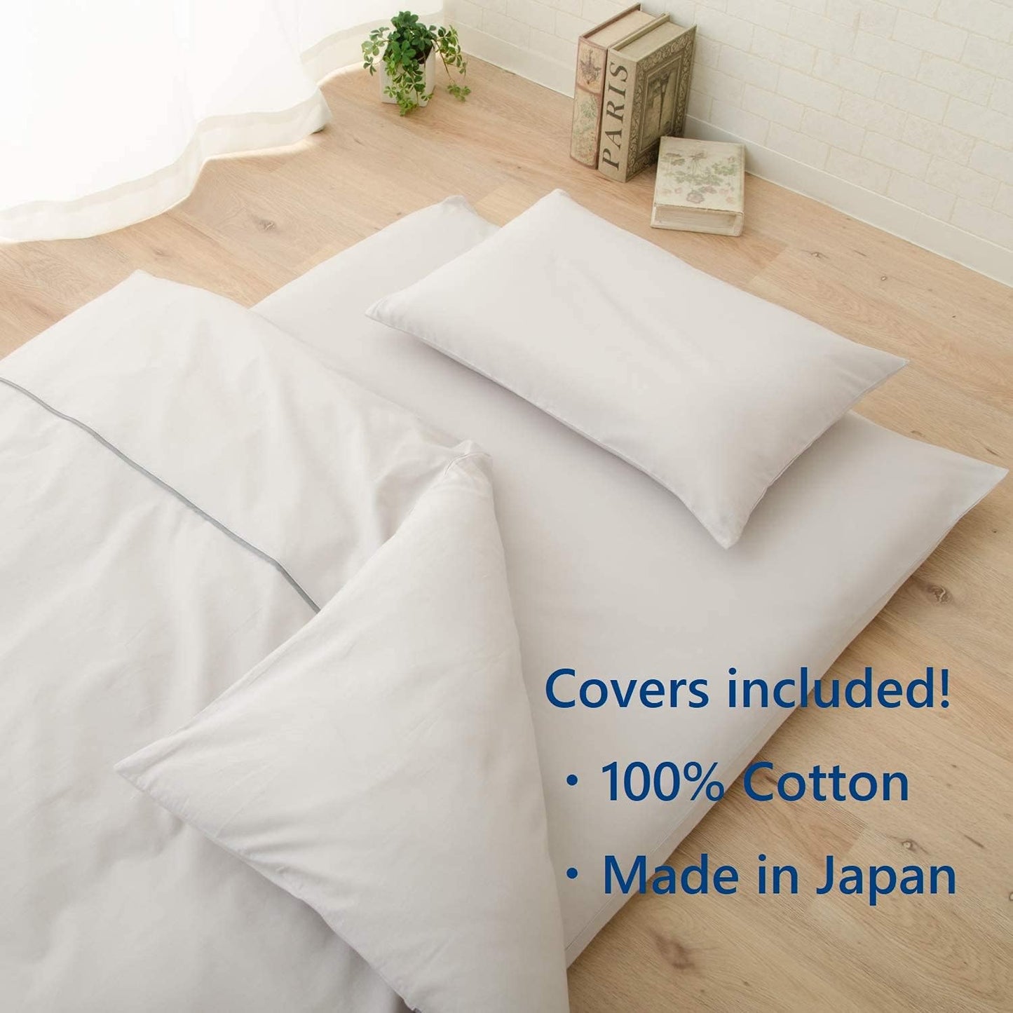 Japanese Futon Set, Twin, Made in Japan, (Comforter, Floor Mattress, Pillow, and Gray-Covers), CLASSE, Foldable Sleeping Bed, Tatami Mat