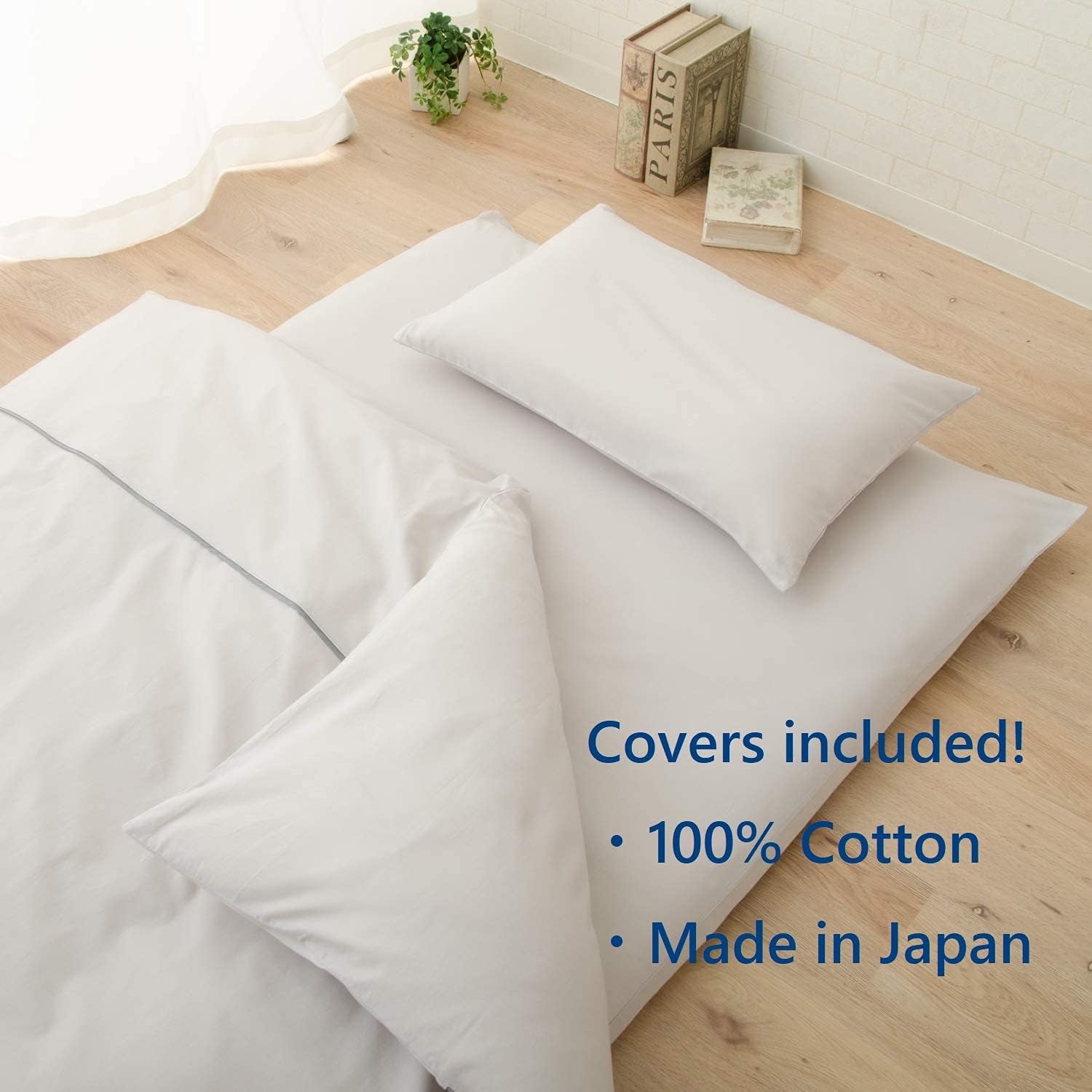 Japanese Futon Set, Twin, Made in Japan, (Comforter, Floor Mattress, Pillow, and Gray-Covers), CLASSE, Foldable Sleeping Bed, Tatami Mat