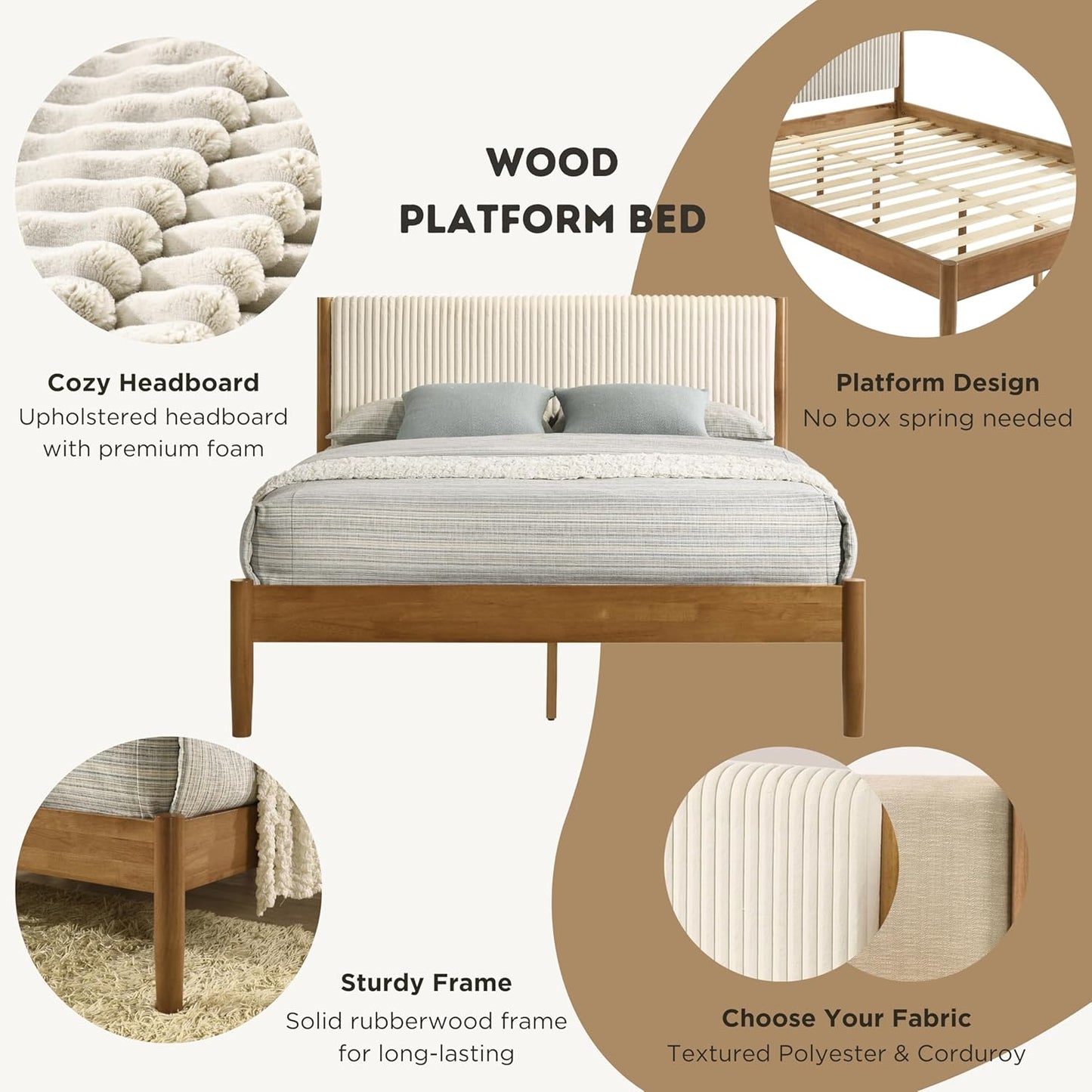 Vichy 2-Piece Rubberwood Bedroom Set with Upholstered Queen Bed and Nightstand, Corduroy