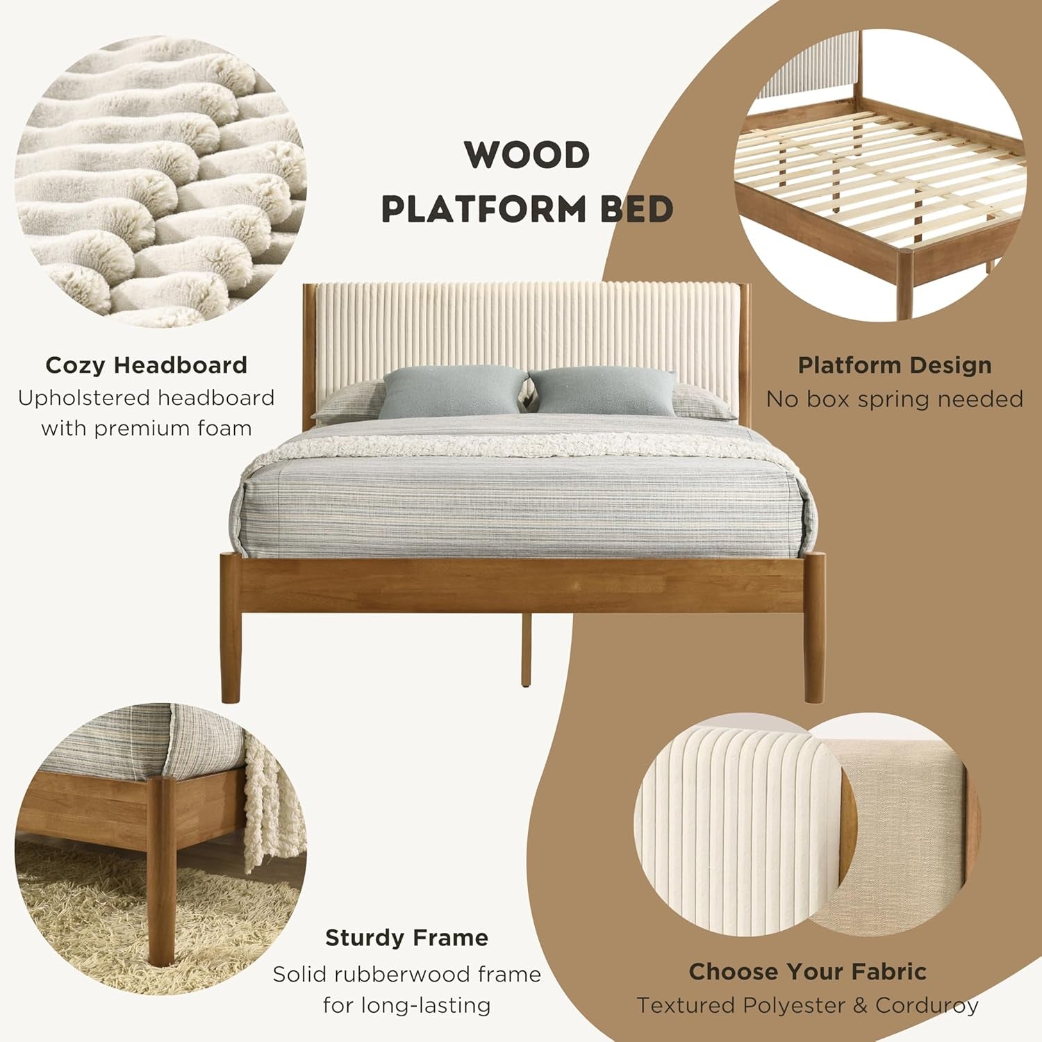 Vichy 2-Piece Rubberwood Bedroom Set with Upholstered Queen Bed and Nightstand, Corduroy