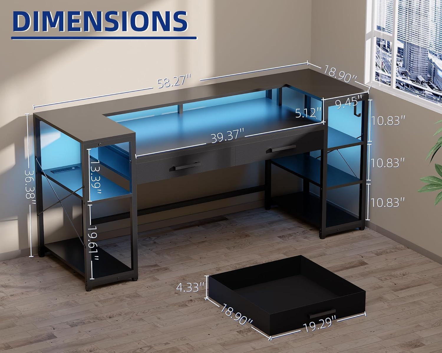 58 Inch Computer Desk with Monitor Stand and Shelves Gaming Desk with LED Lights & Power Outlets PC Vanity Table with 2 Drawers for Home Office White
