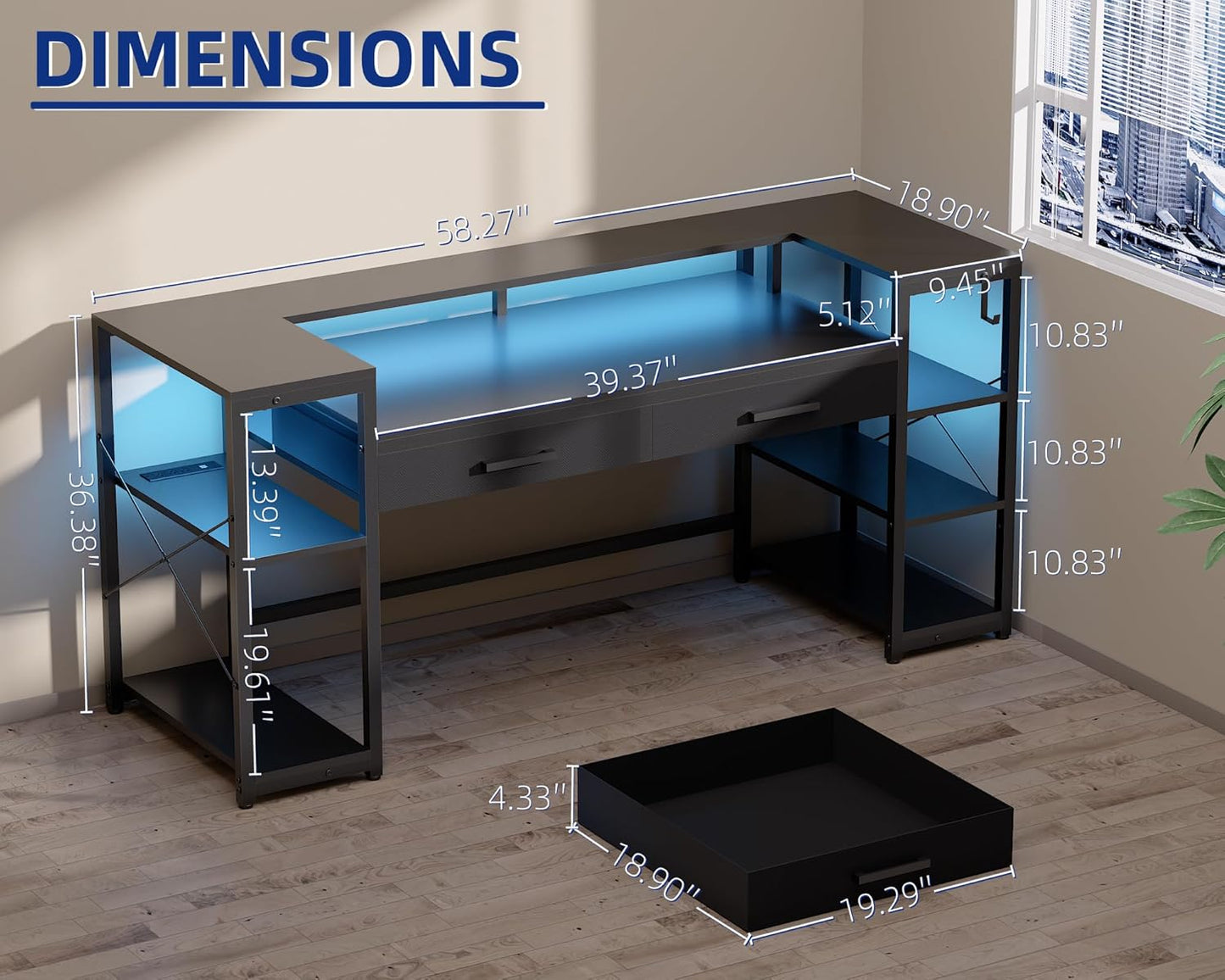 58 Inch Computer Desk with Monitor Stand and Shelves Gaming Desk with LED Lights & Power Outlets PC Vanity Table with 2 Drawers for Home Office Pink