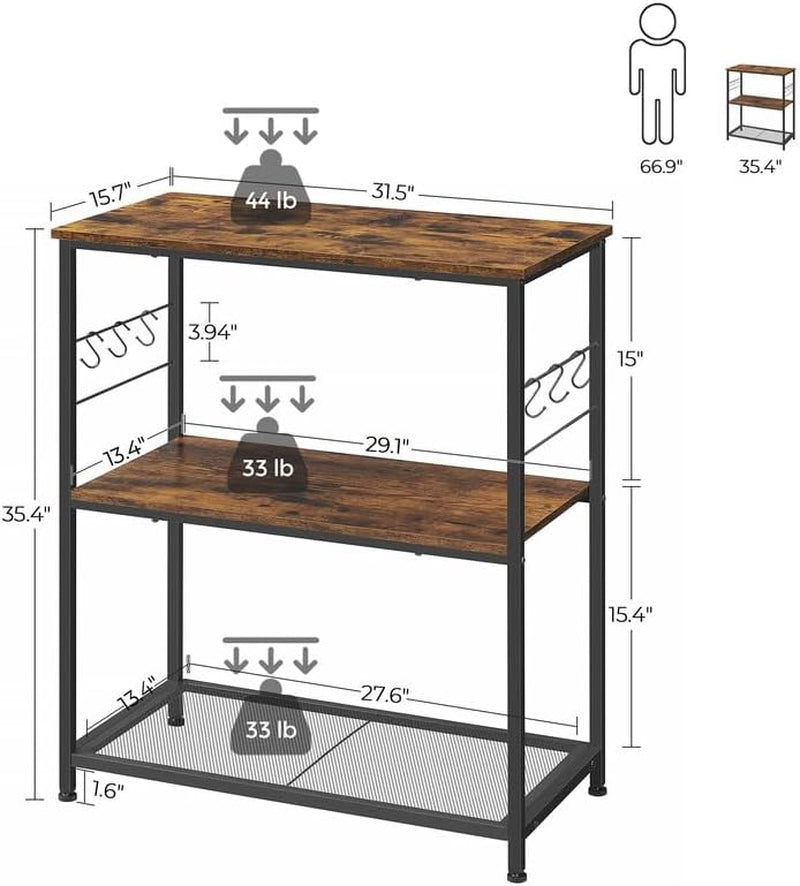 Bakers Rack, Kitchen Shelf, Kitchen Island, Microwave Oven Stand with 3 Open Shelves, 6 Hooks, Metal Frame, 15.7 X 31.5 X 35.4 Inches, Industrial, Rustic Brown and Black UKKI002B01