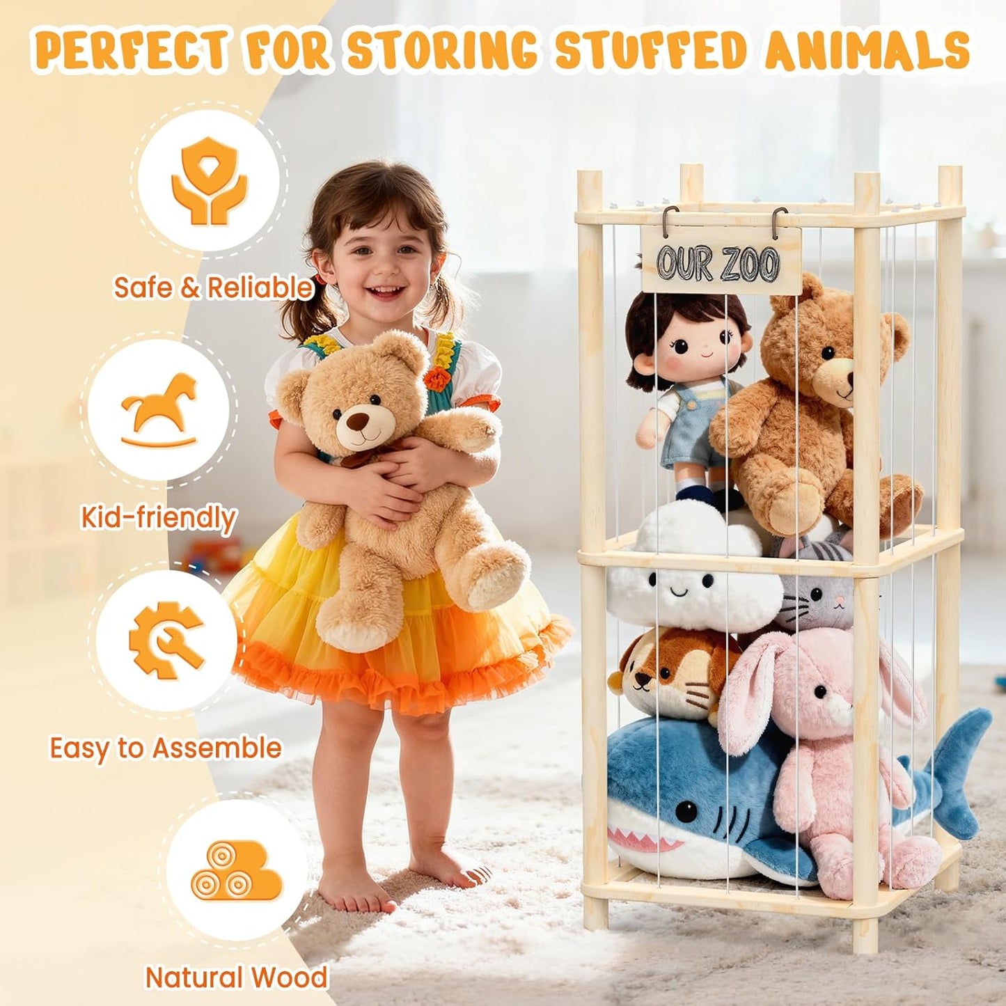 Stuffed Animal Storage Zoo Organizer – Wooden Toy Holder for Toddlers, Cute Plush Toy Cage for Kids’ Room, Playroom & Bedroom, Space-Saving Nursery Organizer with Personalized Nameplate