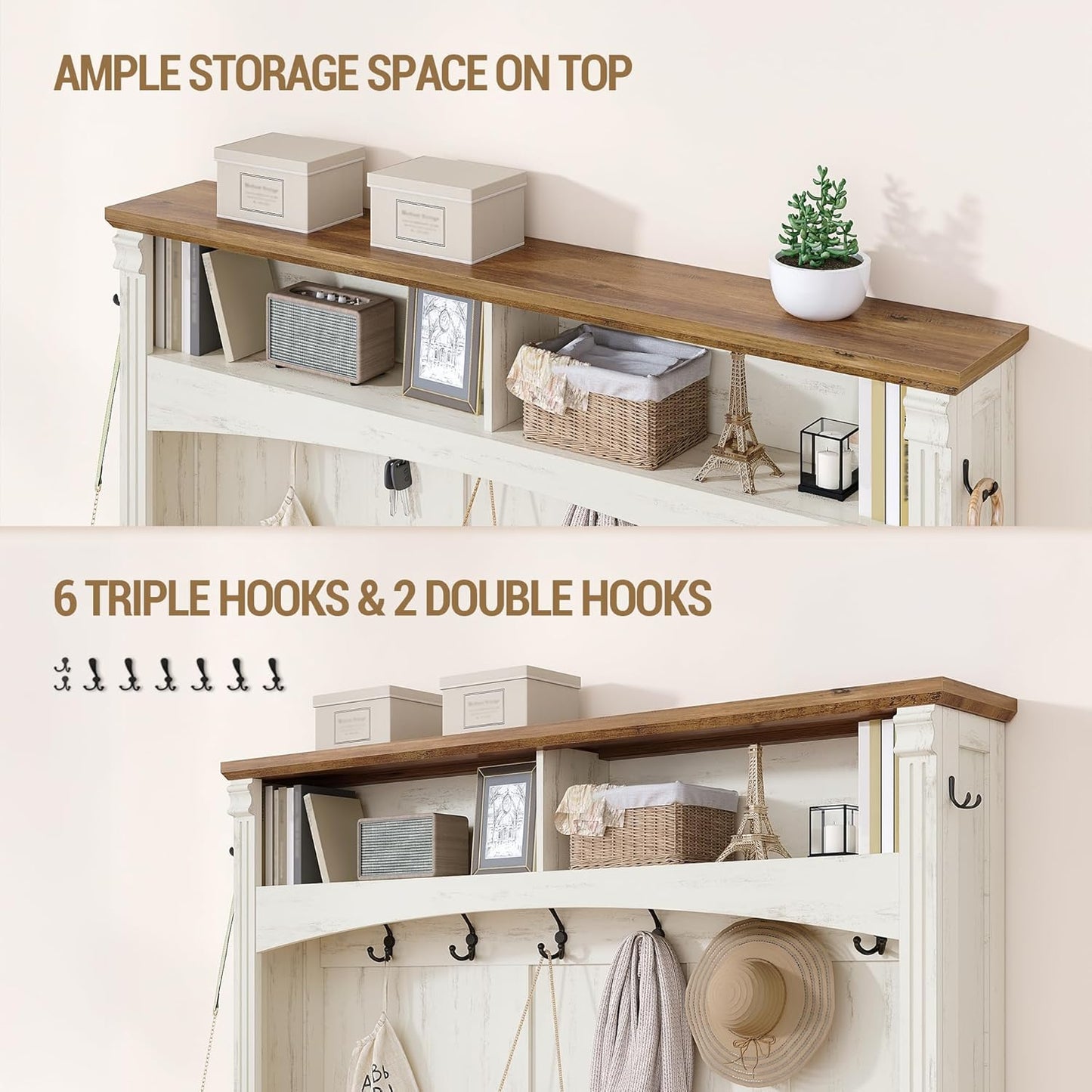 59" Farmhouse Hall Tree with Bench and Shoe Storage, LED Entryway Furniture with 8 Hooks, 24 Shoe Cubbies Hall Tree with Storage, Entryway Storages and Coat Rack Wood, Rustic White