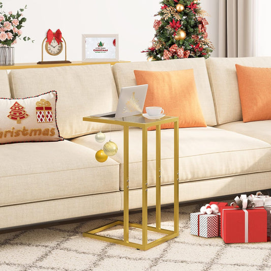 C Shaped End Table, Tempered Glass Snack Side Table with Metal Frame, TV Tray Table for Small Space, Sofa Couch and Bed, Modern Style, Gold GD03SF01G1