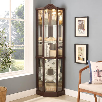 72" Corner Glass Display Cabinet with Adjustable Shelves, for Collectibles, Storage Curio Cabinet with Arched Floral Carving Decoration, 6-Tier Showcase Display Case, for Living Room, Cherry