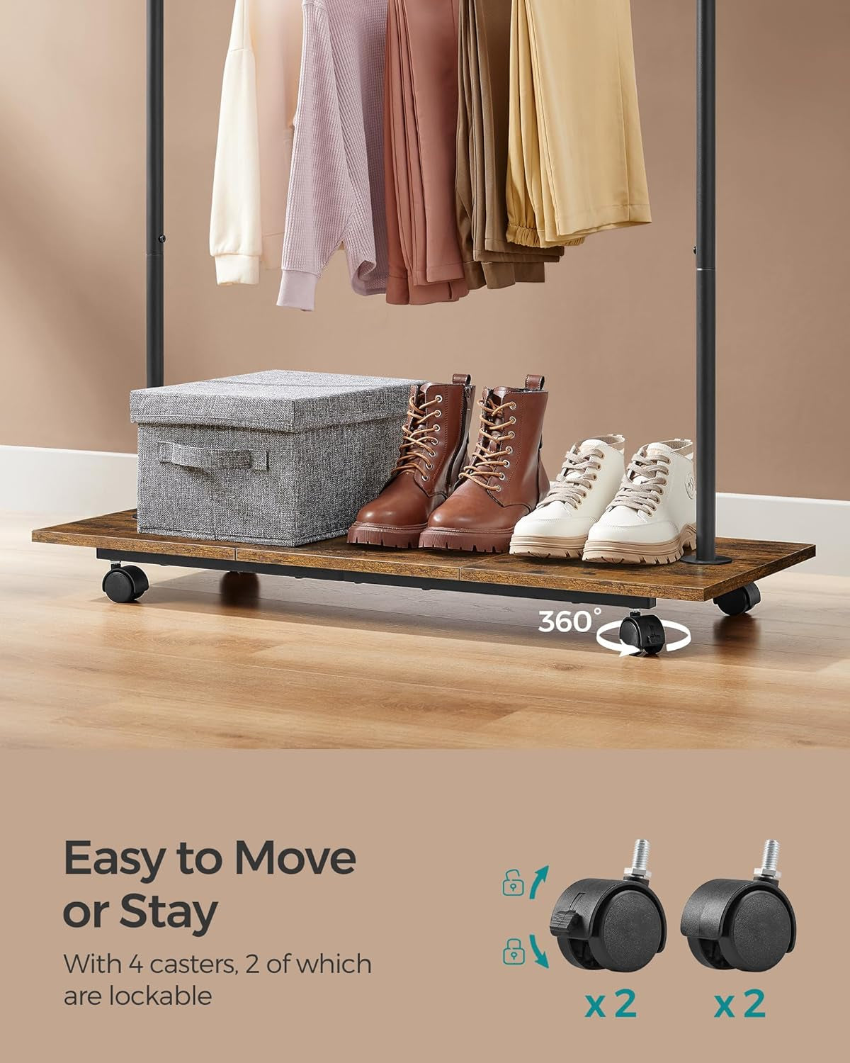 Clothes Rack with Wheels, Middle Rod Clothing Rack for Hanging Clothes, 38.8 Inches Garment Rack with Shelf, Height Adjustable, Loads up to 121 Lb, Rustic Brown and Ink Black UHSR153B01