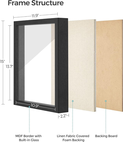 11X14 Shadow Box Frame, Deep Box Frame with Top Slot and Push Pins, Wood Picture Display Case for Savings, Linen Fabric Backing for DIY Craft, Glass Front, Black, Gift URPF009B01