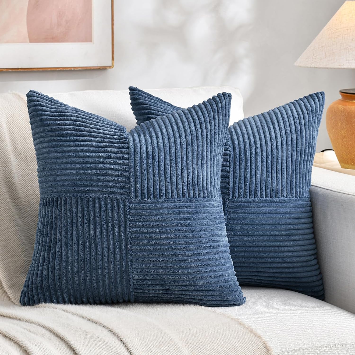 2 Packs Dusty Blue Decorative Throw Pillow Covers 18X18 Inch for Living Room Couch Bed, Farmhouse Boho Home Decor, Soft Corss Corduroy Patchwork Textured Square Cushion Case 45X45Cm
