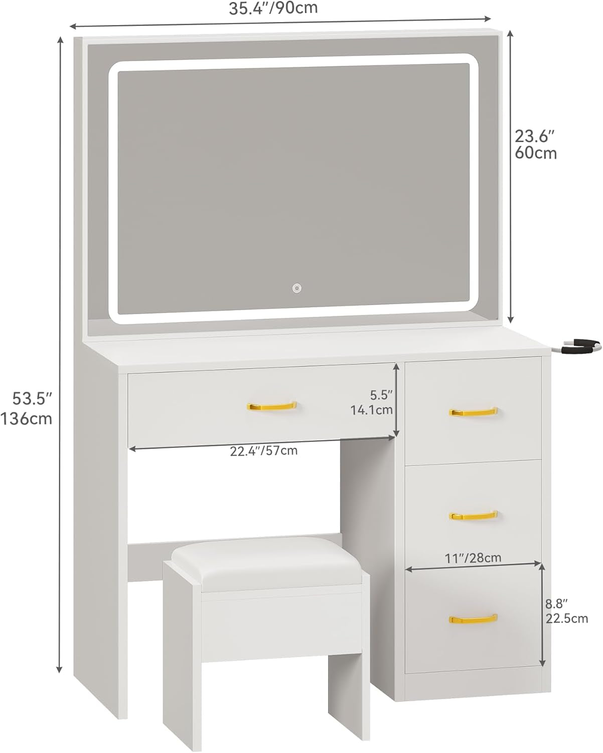 Vanity Desk Set with Large 35" LED Mirror and Lights, Makeup Table with 4 Drawers & Stool, 2 AC Outlets and 2 USB Ports, Adjustable Lighting, Modern Ample Storage Dressing Table, White