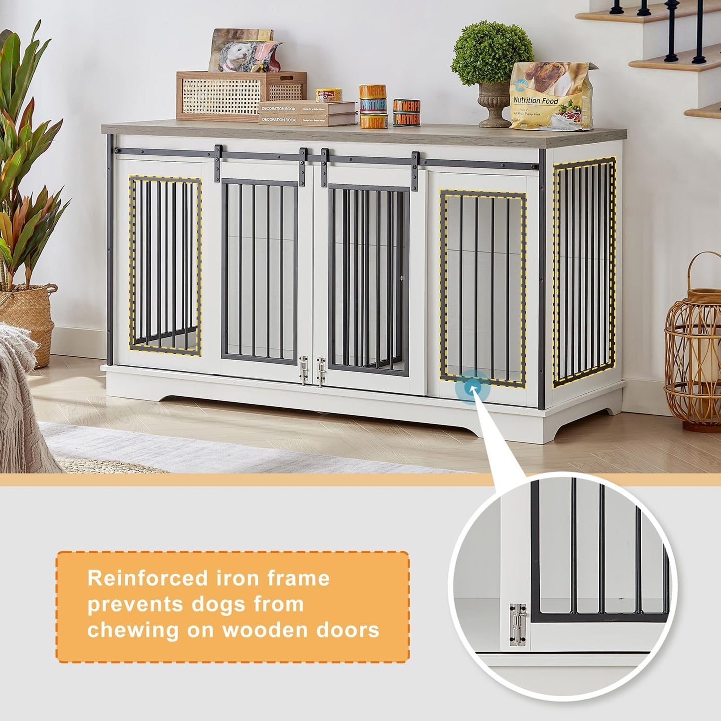 XXL Wooden Dog Crate Furniture with Sliding Barn Door, 60.6" Indoor Kennel with Divider, Modern TV Stand for Large Dog or 2 Medium Dogs (White)