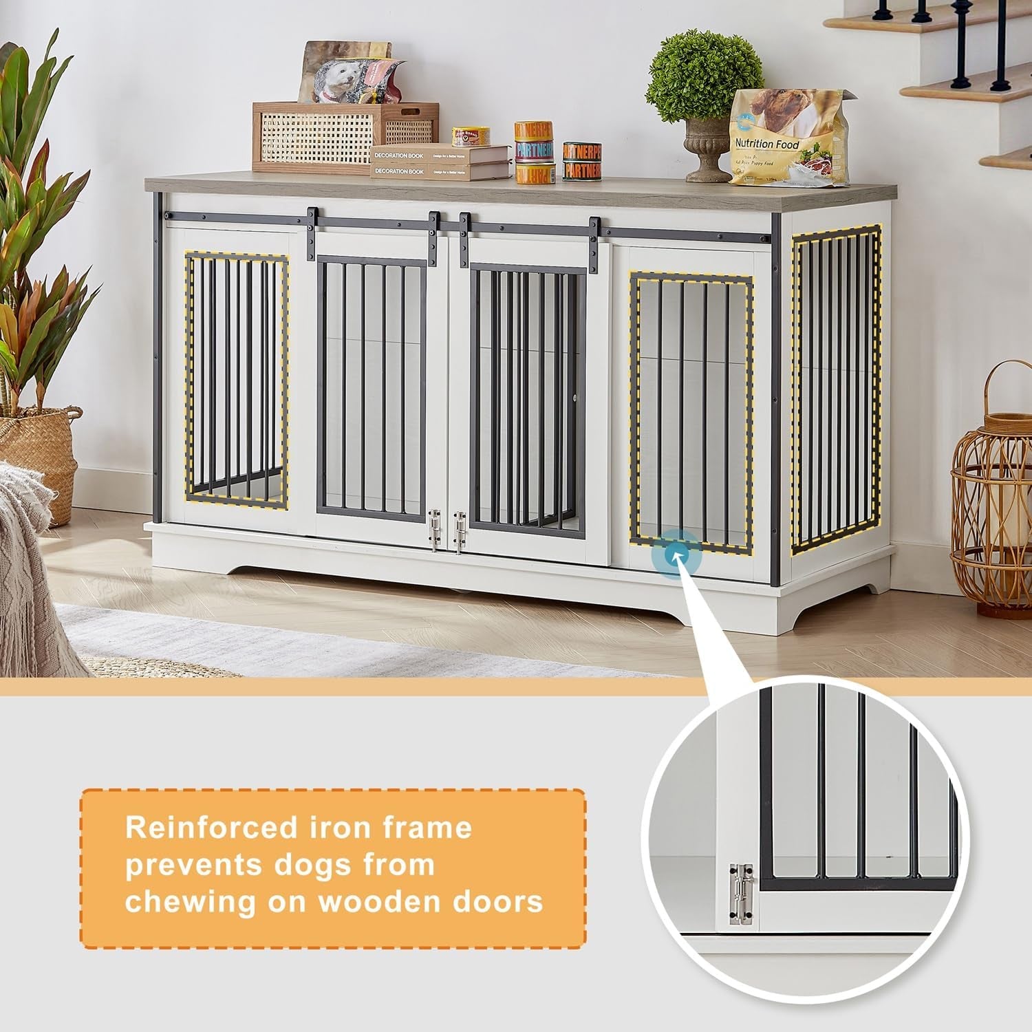 XXL Wooden Dog Crate Furniture with Sliding Barn Door, 60.6" Indoor Kennel with Divider, Modern TV Stand for Large Dog or 2 Medium Dogs (White)