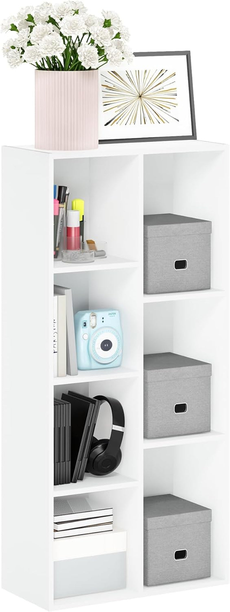 LUDER Book Shelf, 7-Cube Bookshelf, Bookcase with Open Shelves, 9.4 X 19.5 X 41.7, Easy Assembly, for Living Room, Bedroom, Home Office, Plain White