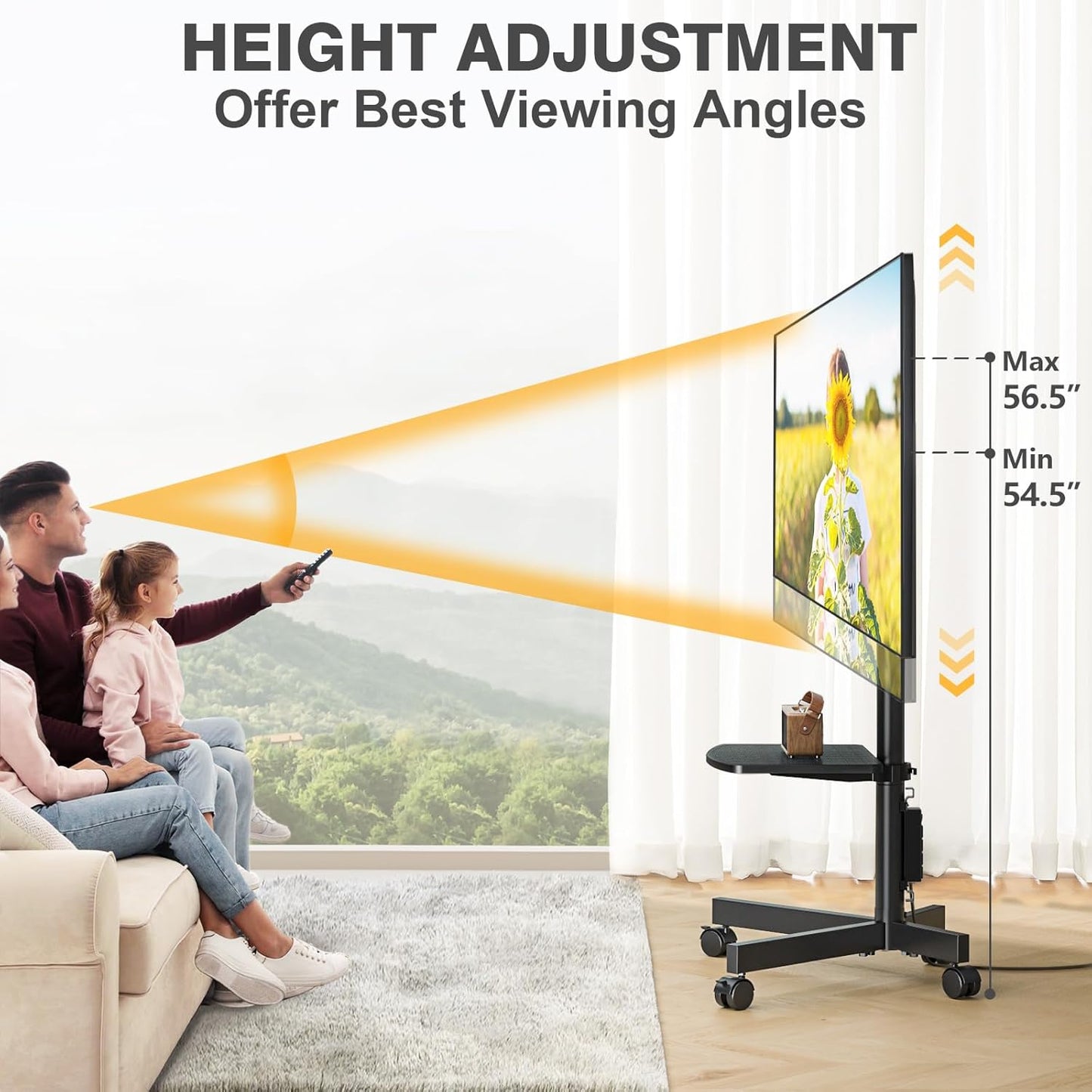 Mobile TV Stand with Power Outlet, Tilt Rolling TV Cart for 23-65 Inch LCD LED OLED Flat Curved Screen Tvs up to 88 Lbs, Height Adjustment Portable TV Stand on Wheels, Max VESA 400X400Mm