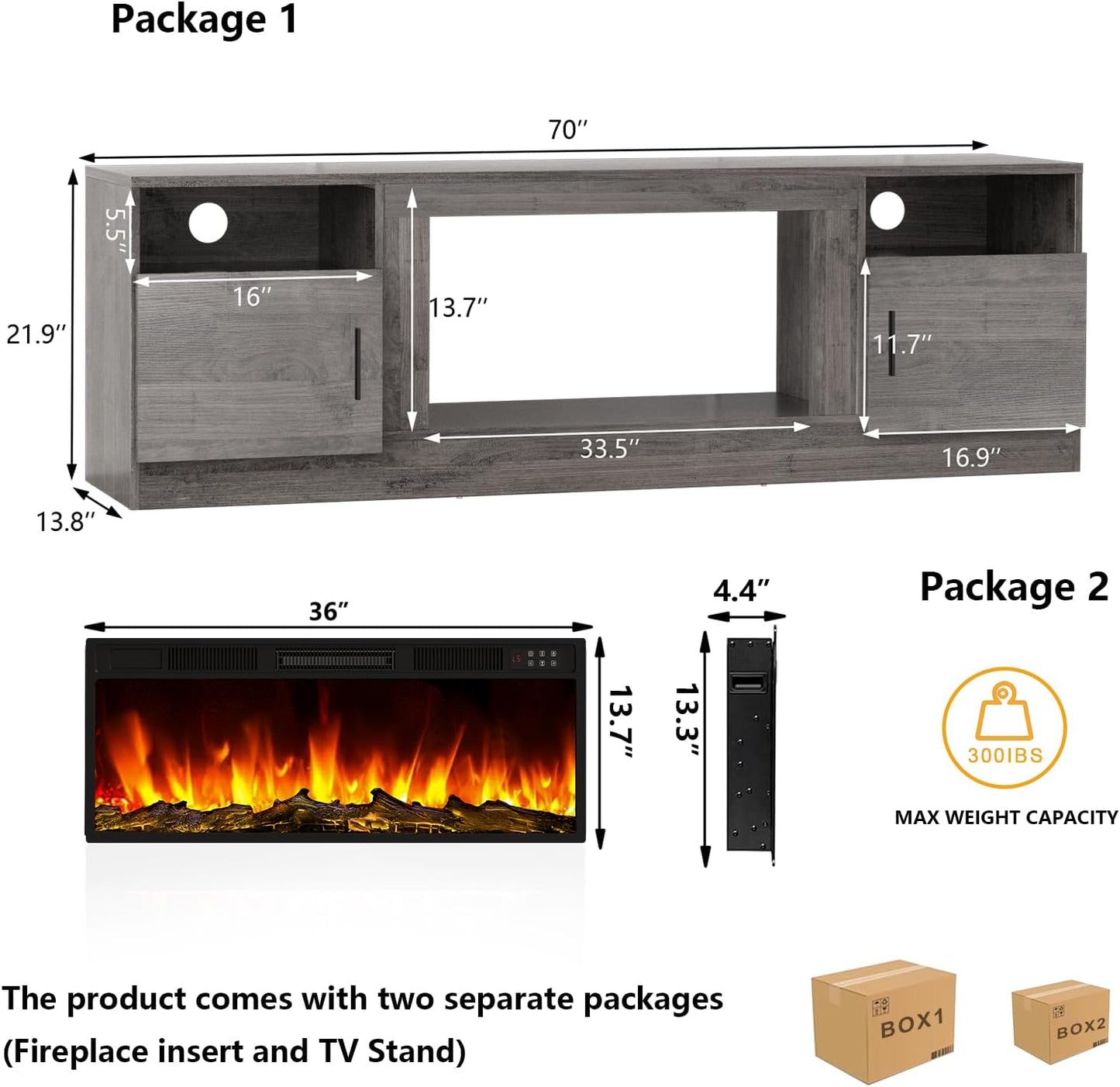 Fireplace TV Stand Entertainment Center with 36" Fireplace, 70" Wooden TV Stand for Tvs up to 80", Modern TV Consoles for Living Room with High Gloss Storage Cabinet and LED Lights (Grey)