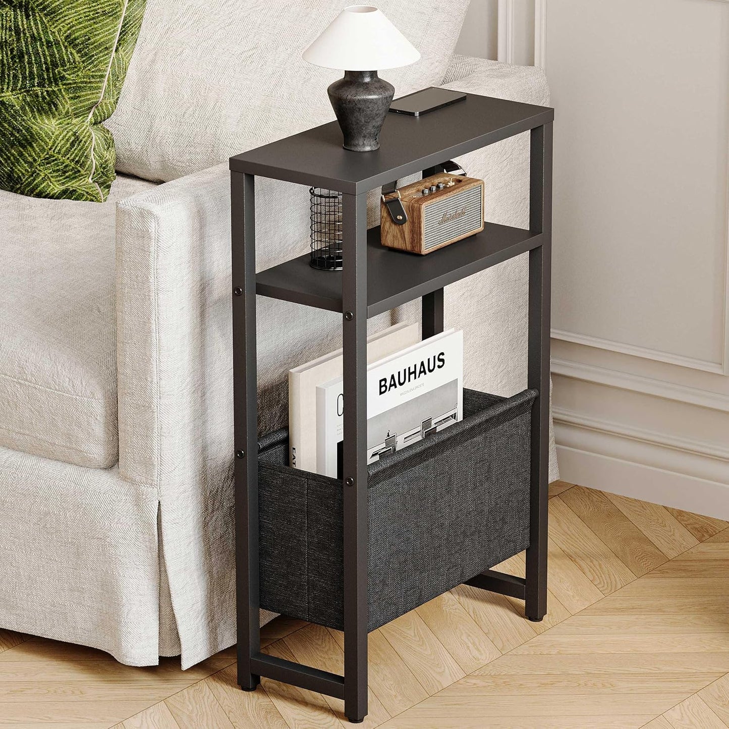 Narrow Side Table, Slim End Table with Magazine Rack, Bedside Table for Small Spaces, 3 Tier Sofa Couch Table Nightstand for Living Room, Bedroom Black LET503B