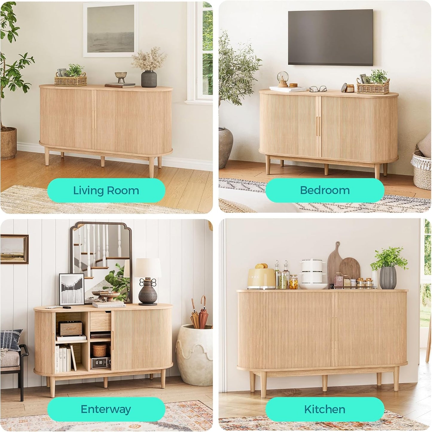 Sideboard Buffet Cabinet with Storage, 55" Fluted Coffee Bar Cabinet with Tambour Sliding Doors and Drawer, Mid Century Modern Wood Storage Buffet Table for Kitchen, Living Room, Oak