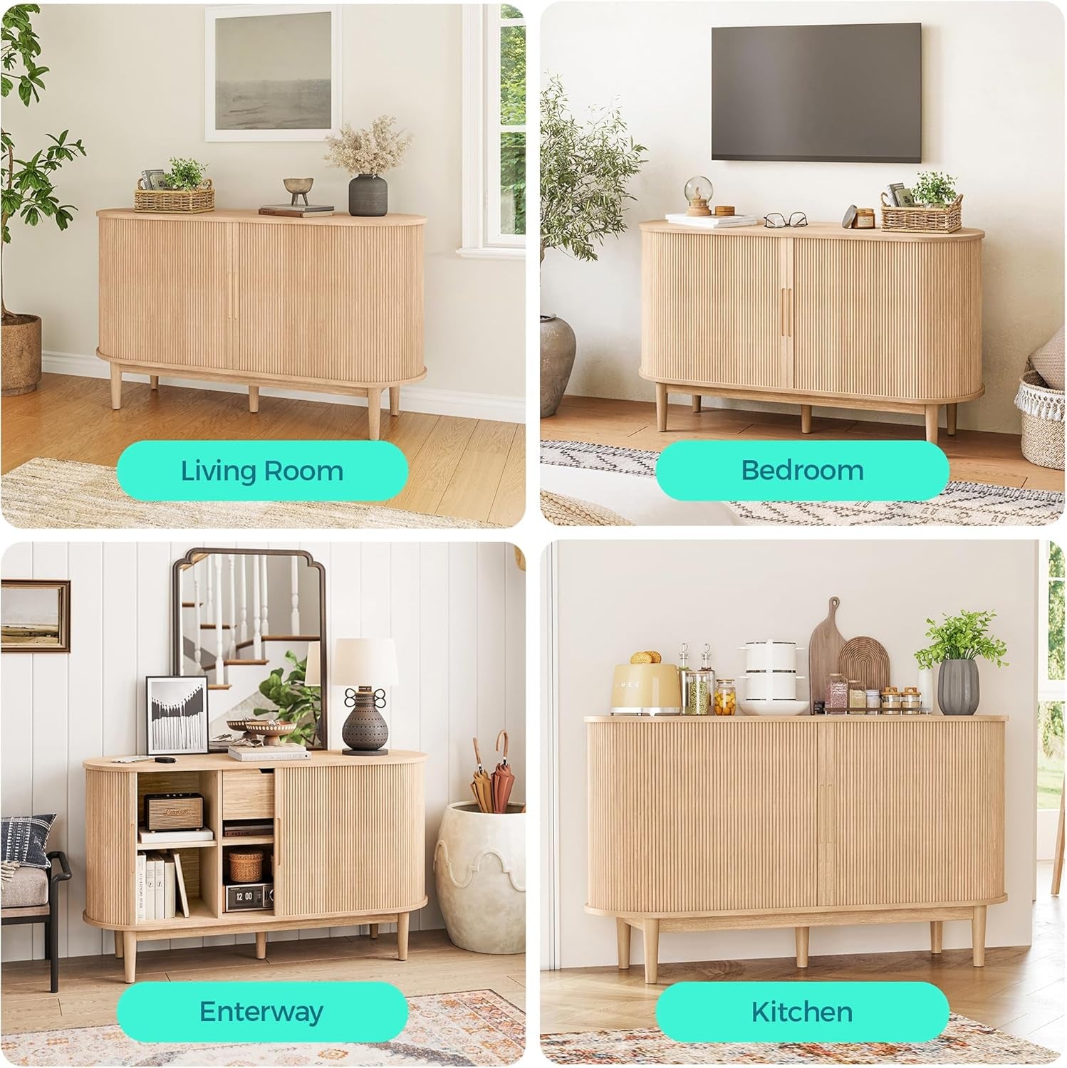 Sideboard Buffet Cabinet with Storage, 55" Fluted Coffee Bar Cabinet with Tambour Sliding Doors and Drawer, Mid Century Modern Wood Storage Buffet Table for Kitchen, Living Room, Oak
