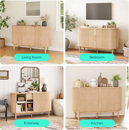 Sideboard Buffet Cabinet with Storage, 55" Fluted Coffee Bar Cabinet with Tambour Sliding Doors and Drawer, Mid Century Modern Wood Storage Buffet Table for Kitchen, Living Room, Oak