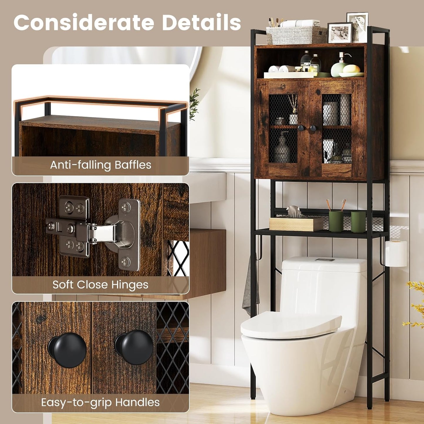 over the Toilet Storage Cabinet, 5-Tier Freestanding Space Saver W/Metal Stand, Mesh Grid Doors, Toilet Paper Holder & Hook, over Toilet Bathroom Organizer for Laundry Room, Restroom