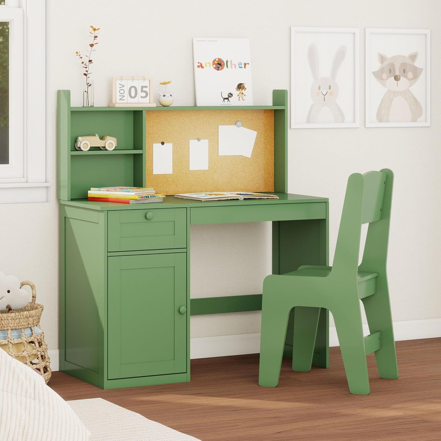 Kids Study Desk with Chair, Children Wooden Study Table with Hutch & Storage Cabinet, Kids Desk Chair Set for 5-12 Years Old, Student Writing Table Computer Workstation for Boys, Green