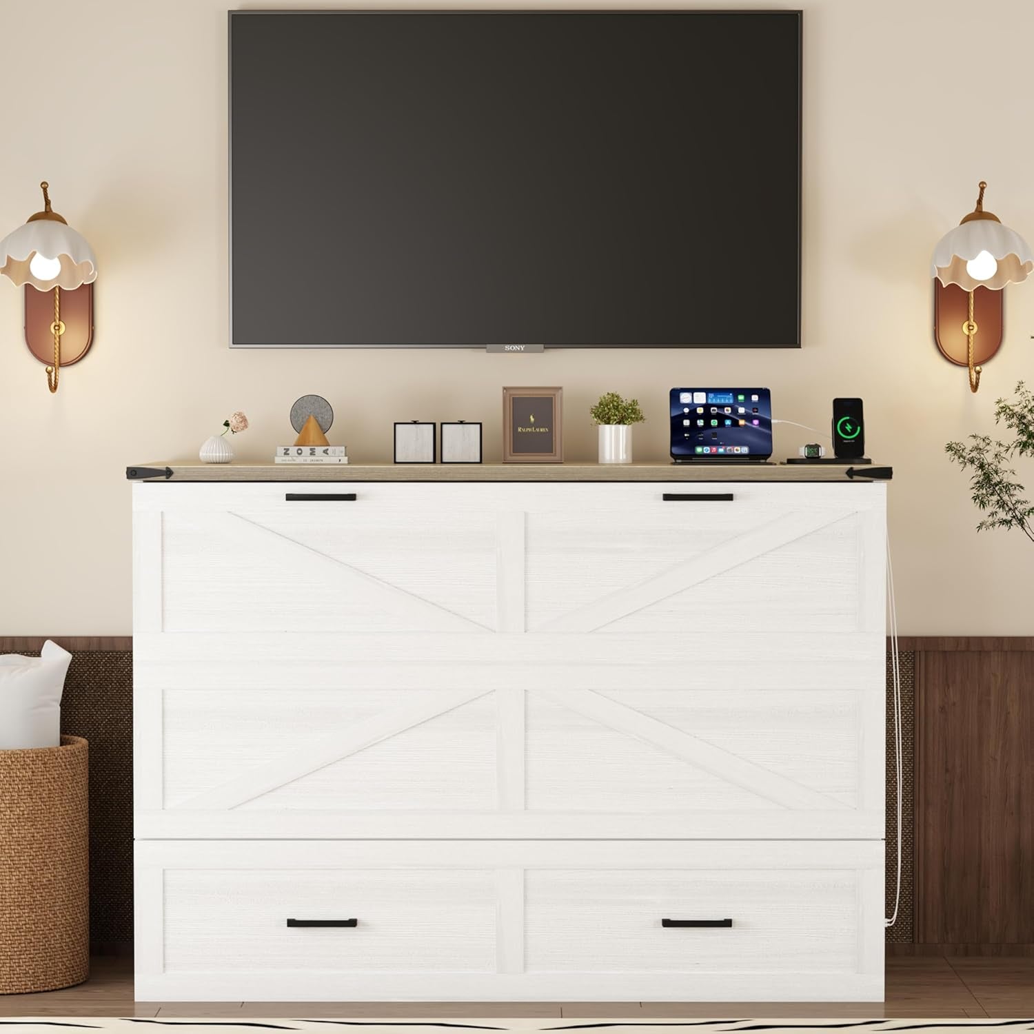 Modern Farmhouse Solid Wood Murphy Cabinet Bed with Charging Station, Foldable Wall Platform Bed with Storage Drawer/No Box Spring Needed/Easy Assemble/Queen, White