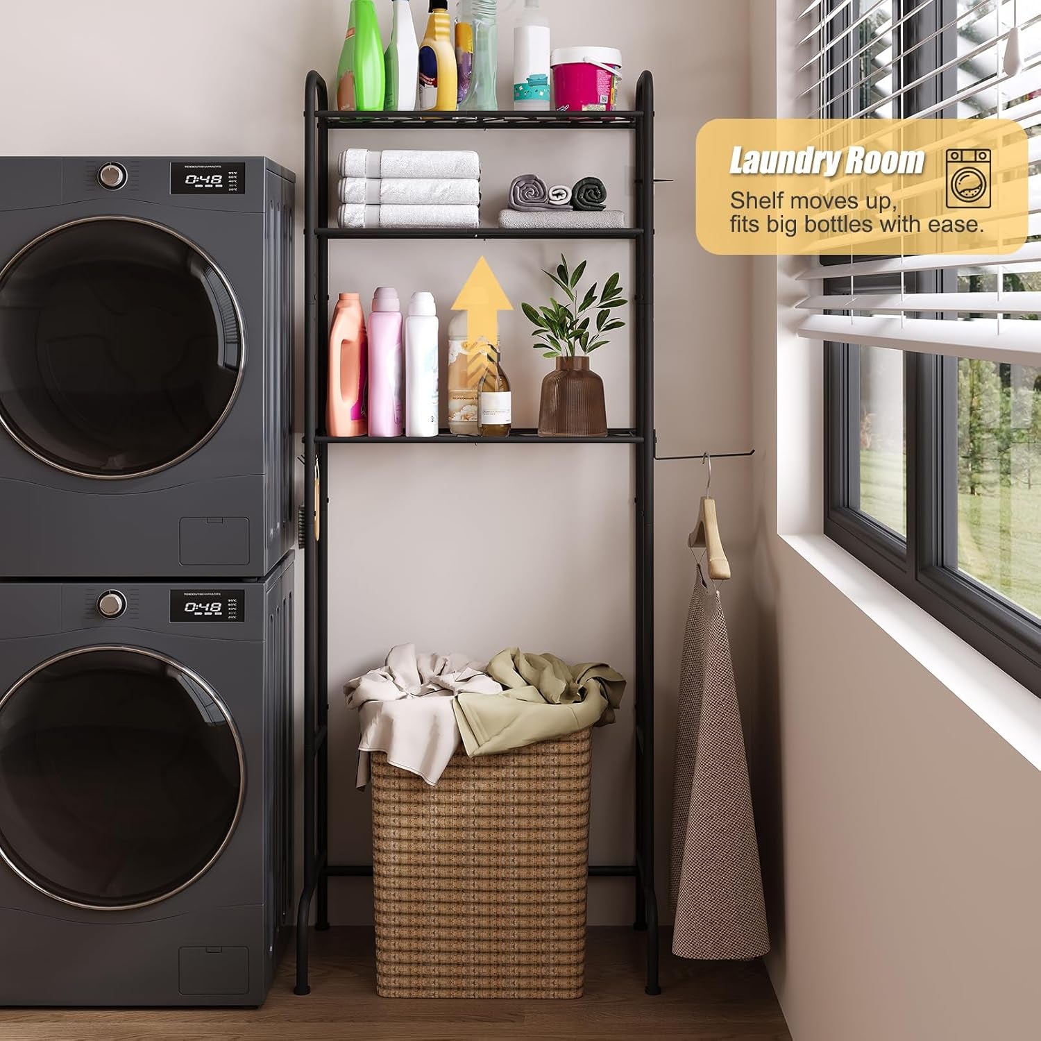 Over the Toilet Storage,3-Tier Heavy Duty Metal Bathroom Organizer, Freestanding Space Saver with Wide Shelves for Towels & Toilet Paper (Black)