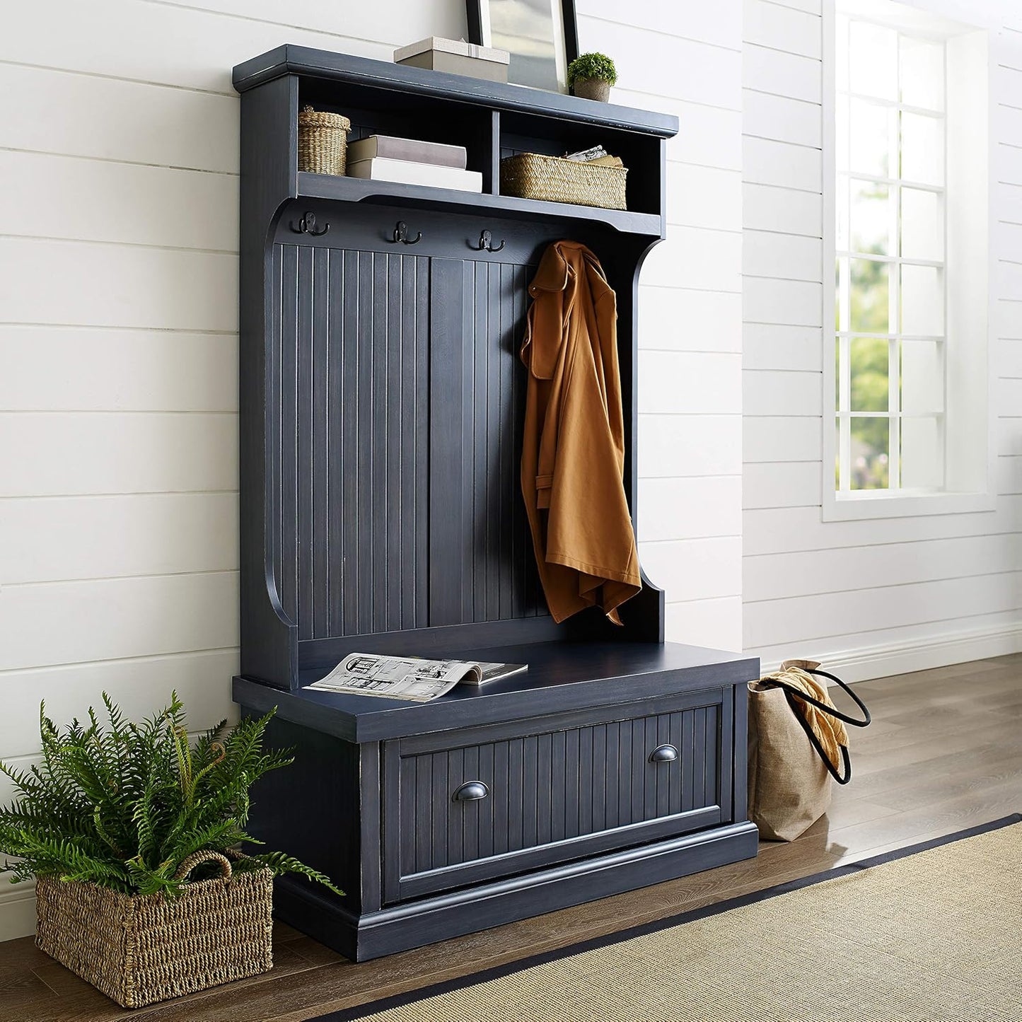 Seaside Hall Tree with Shoe Rack Bench and Coat Hooks for Hanging Storage, Distressed Navy