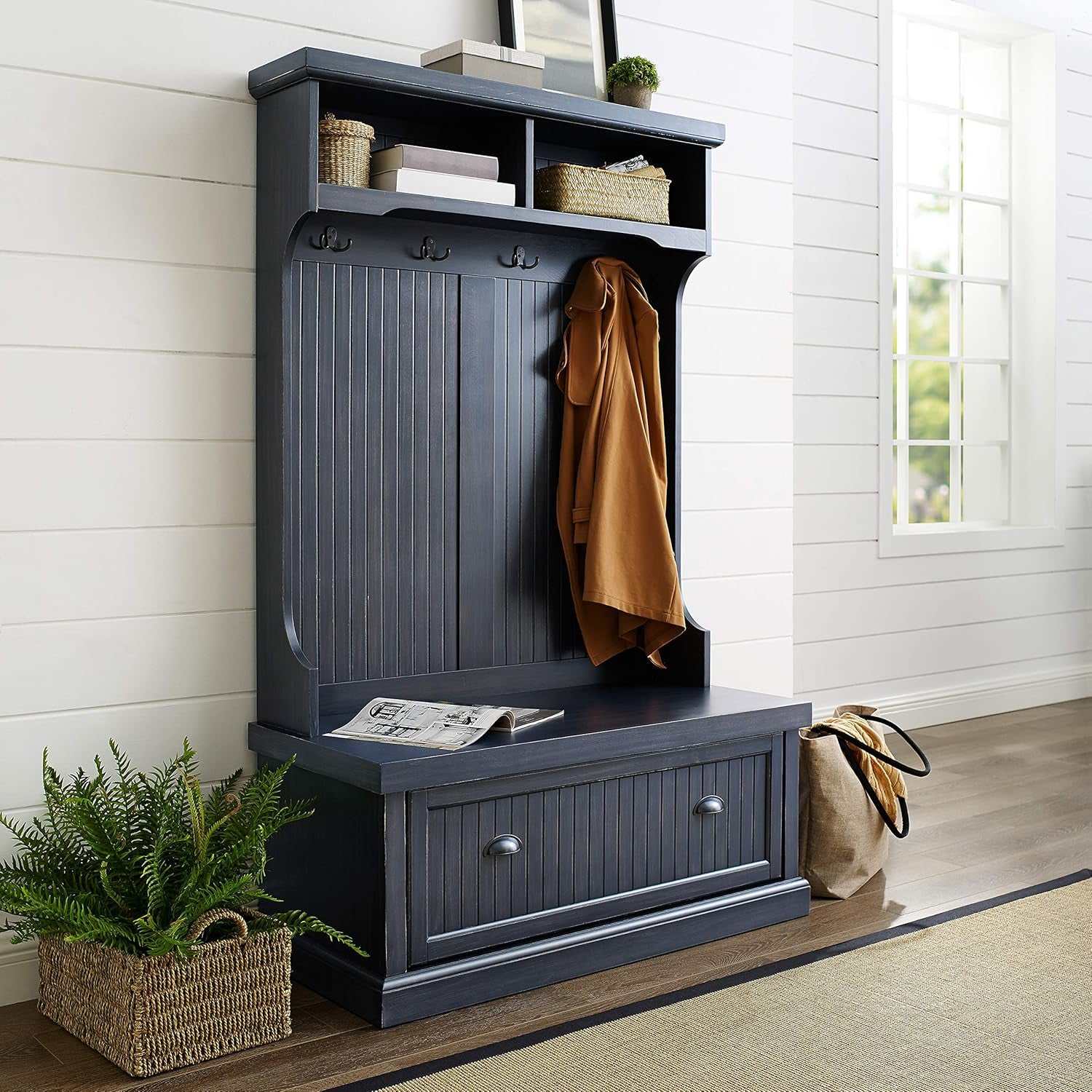 Seaside Hall Tree with Shoe Rack Bench and Coat Hooks for Hanging Storage, Distressed Navy