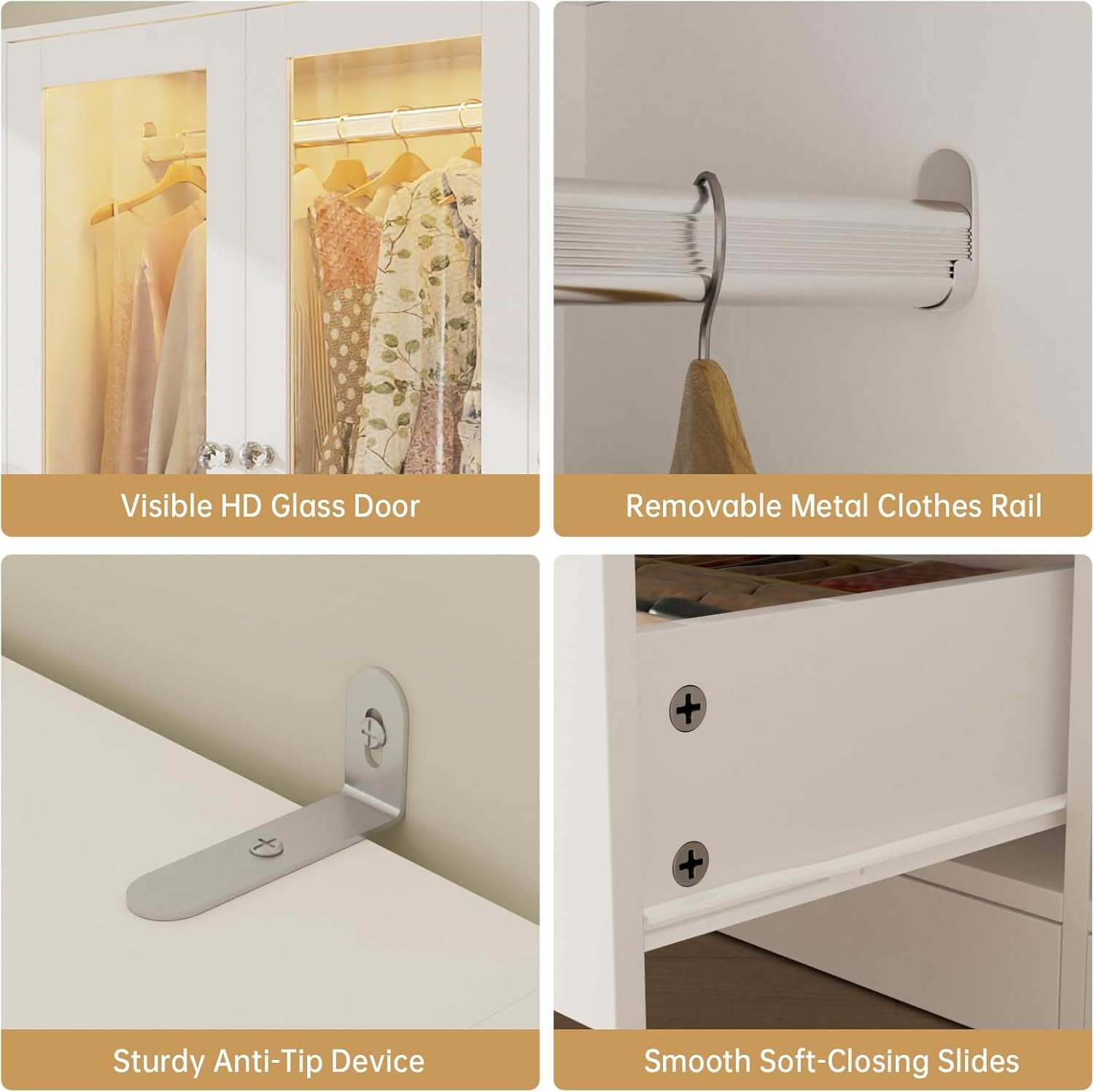 75" Tall Armoire Wardrobe Closet with Drawers & Lights, Clothing Storage Cabinet with 2 Glass Doors & Hanging Rod, Wooden Armoire Storage Cabinet for Bedroom