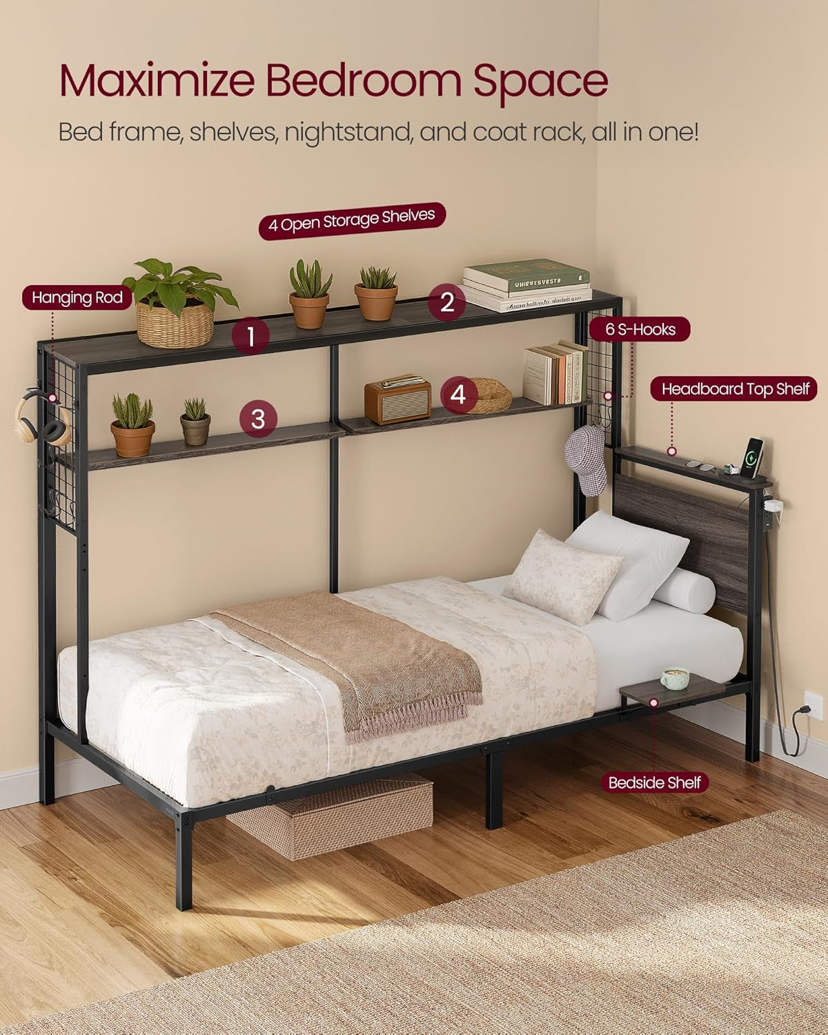 Twin Size Metal Bed Frame with Headboard, Multifunctional Storage, Built-In LED Lights, Charging Station, Bookshelf, Bedside Shelf, Space-Saving, No Box Spring Needed, Ash Brown URMB963K01