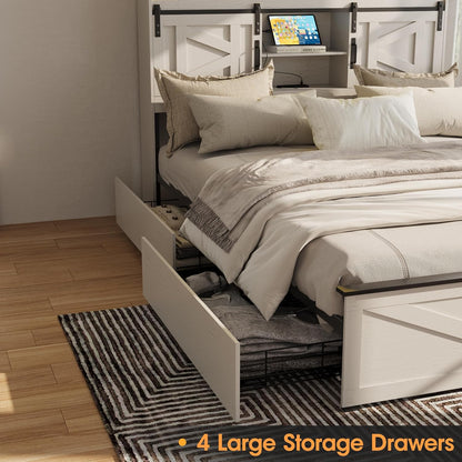 Farmhouse Full Size Bed Frame with 4 Drawers and Bookcase Headboard, Sliding Barn Door Storage Shelves, LED Lights and Charging Station, No Box Spring Needed, Antique White