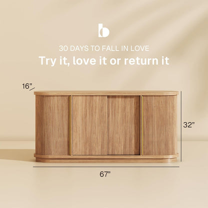 Turin 67" Modern Curved Sideboard with Sliding Tambour Doors - Fluted Wood Buffet Cabinet & Credenza - Oval Media Console with Gold Accents for Dining Room, Living Room, or Entryway (Camel)