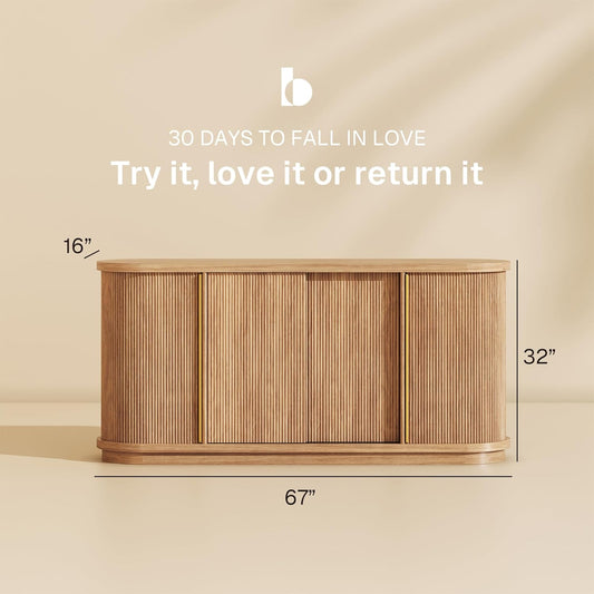 Turin 67" Modern Curved Sideboard with Sliding Tambour Doors - Fluted Wood Buffet Cabinet & Credenza - Oval Media Console with Gold Accents for Dining Room, Living Room, or Entryway (Camel)