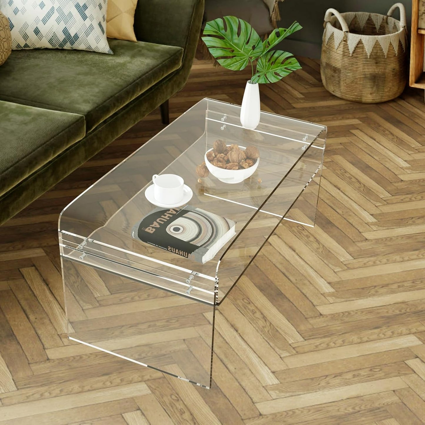 Acrylic Coffee Table, 31.5" Clear Coffee Table with Storage Shelf, Rectangle Centre Table, Modern Coffee Table for Living Room, Office，31.5" L X 15.8" W X 15" H