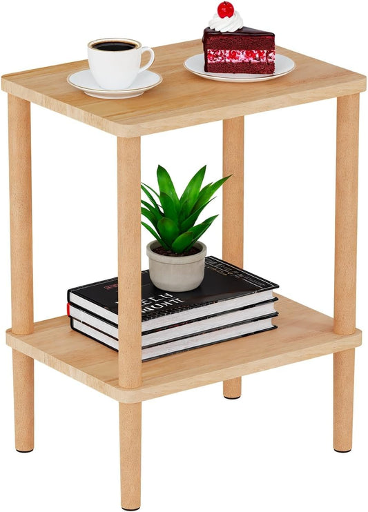 Solid Wood Side Table, 2-Tier Small End Table with Storage Shelf, Narrow Nightstand Bedside Table for Small Spaces, Bedroom, Living Room, Farmhouse, No-Tool Assembly.