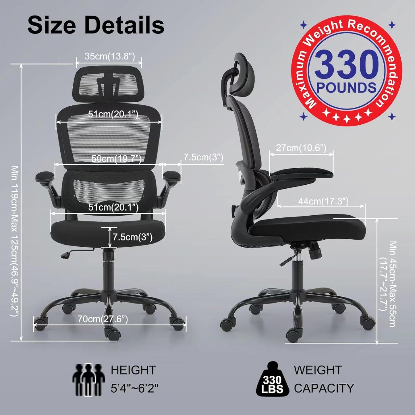 Office Chair Ergonomic Desk Chair, 330 LBS Home Mesh Office Desk Chairs with Wheels, Comfortable Gaming Chair, High Back Office Chair for Long Hours (Black)