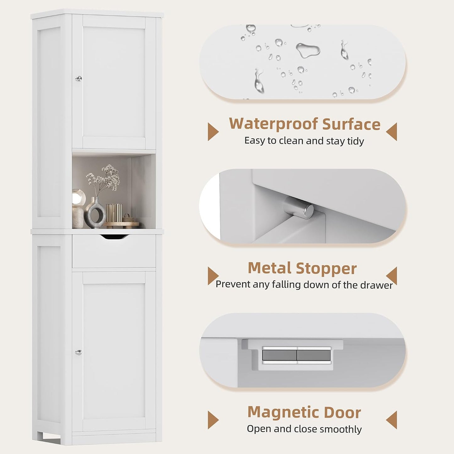 Tall Bathroom Storage Cabinet, Slim Corner Floor Cabinet with Doors and Drawer, Freestanding Narrow Bathroom Organizer with Adjustable Shelves for Small Space, White