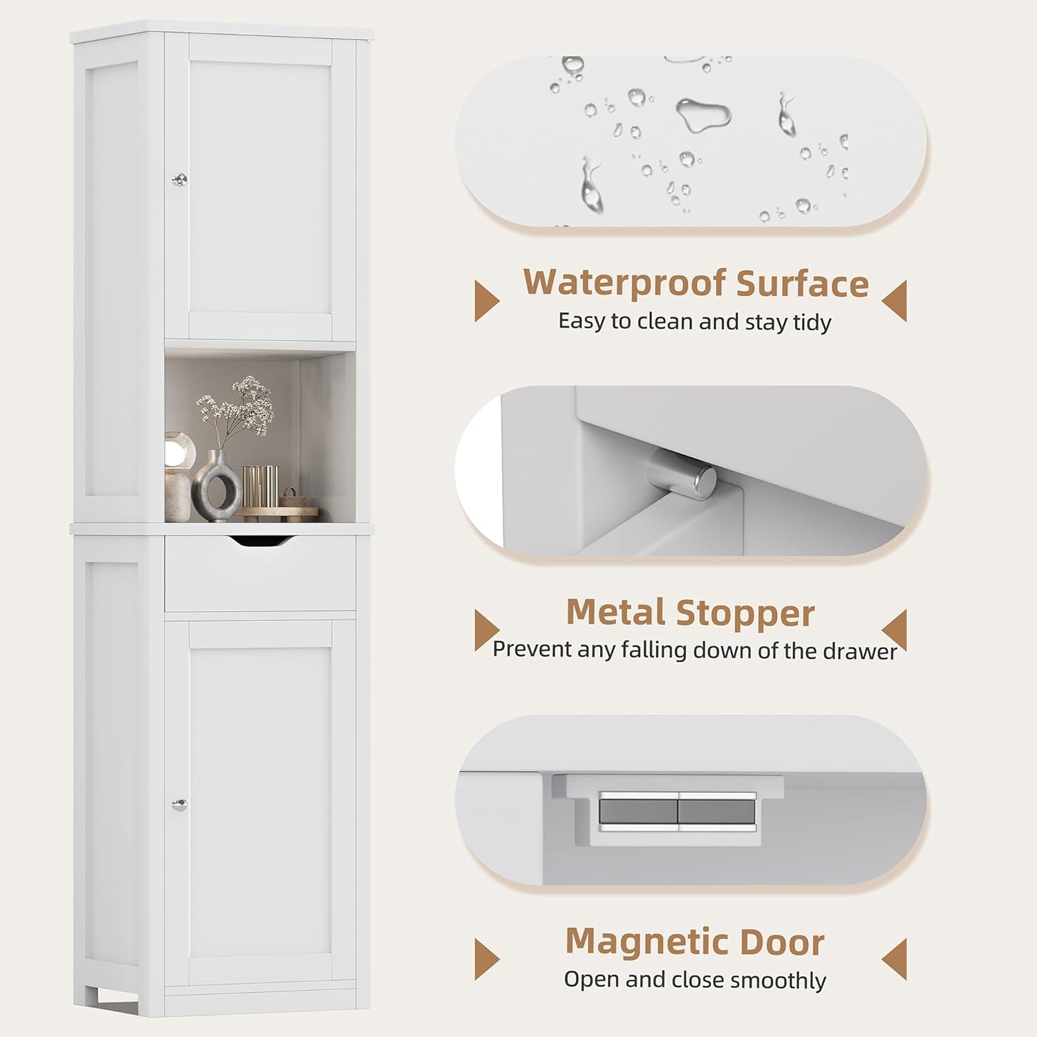 Tall Bathroom Storage Cabinet, Slim Corner Floor Cabinet with Doors and Drawer, Freestanding Narrow Bathroom Organizer with Adjustable Shelves for Small Space, White