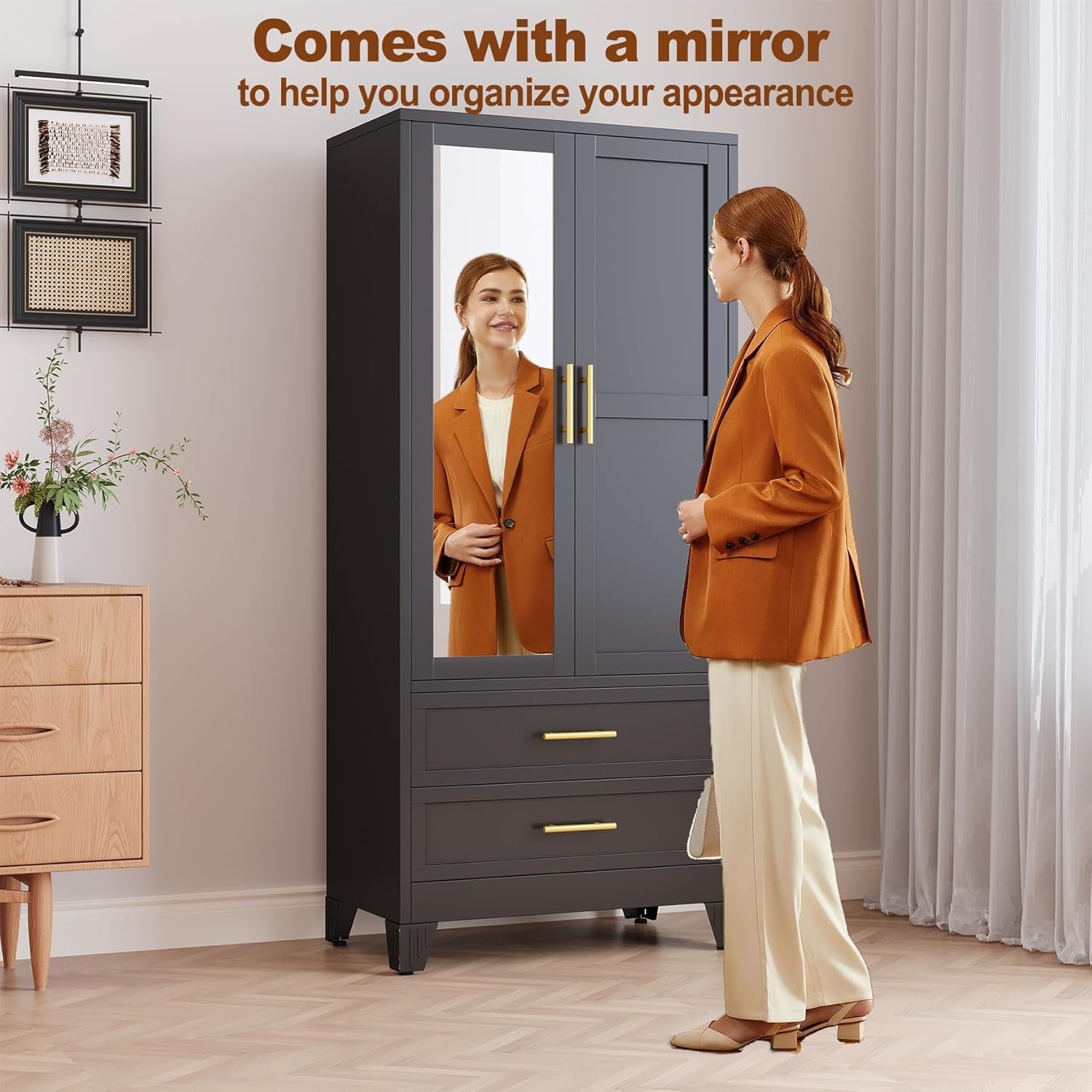 RIETERN Metal Armoire Wardrobe Closet, 71" Tall Bedroom Closet with Mirror, 2 Drawers, Adjustable Shelves, and Hanging Rod, Steel Clothes Closets and Storage, for Bedroom Black