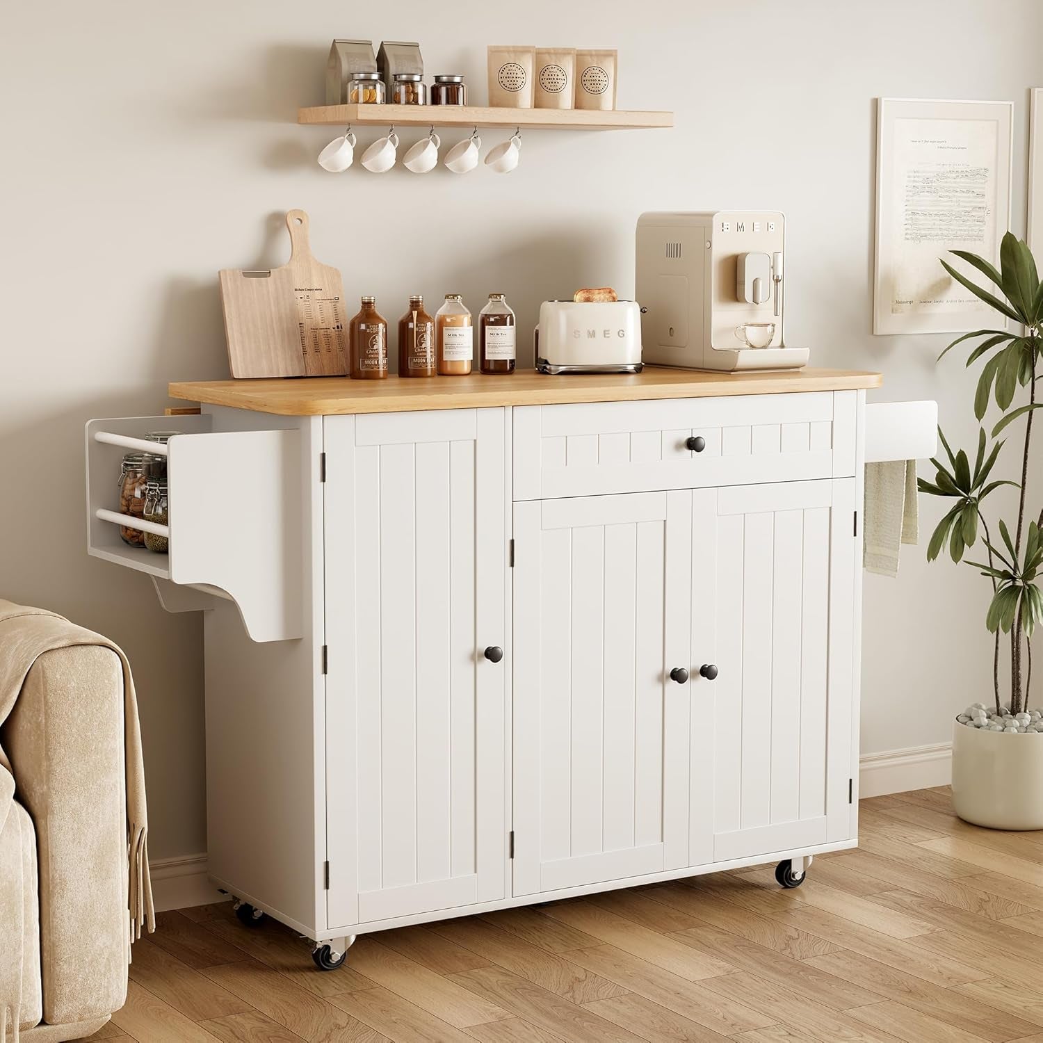 Kitchen Island with Storage, 41.7" Rolling Cart with Drop Leaf, Portable Island Table on Wheels, Spice Rack, Towel Rack and Drawer, White, 41.7" L X 29.5" W